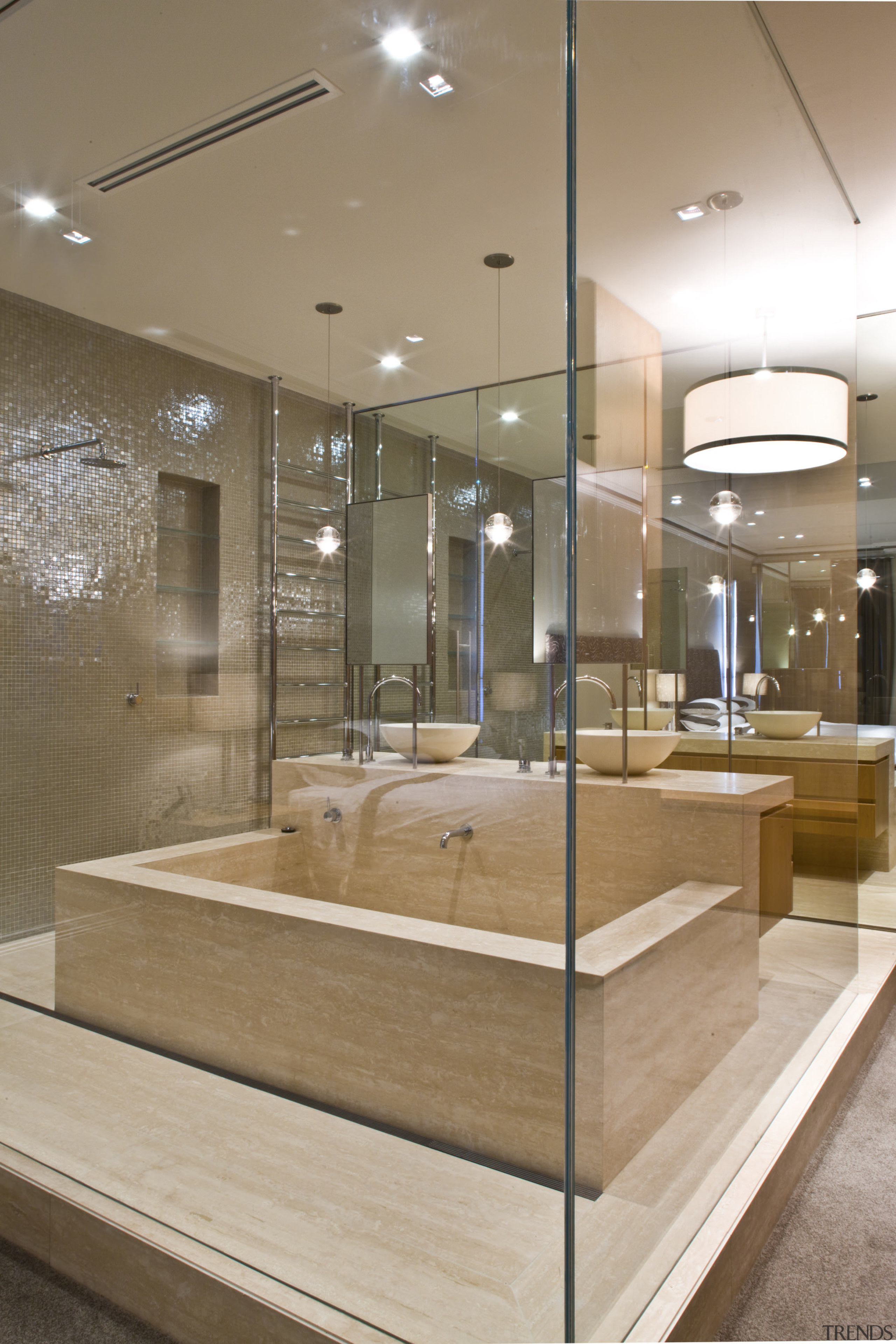 View of contemporary bathroom with mirror wall, white floor, flooring, glass, interior design, lobby, brown, gray