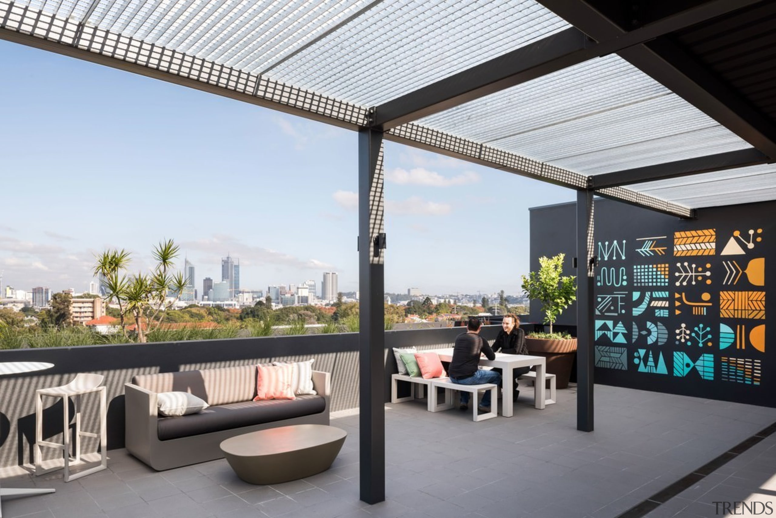 A partially covered terrace provides views of the interior design, outdoor structure, property, real estate, roof, white