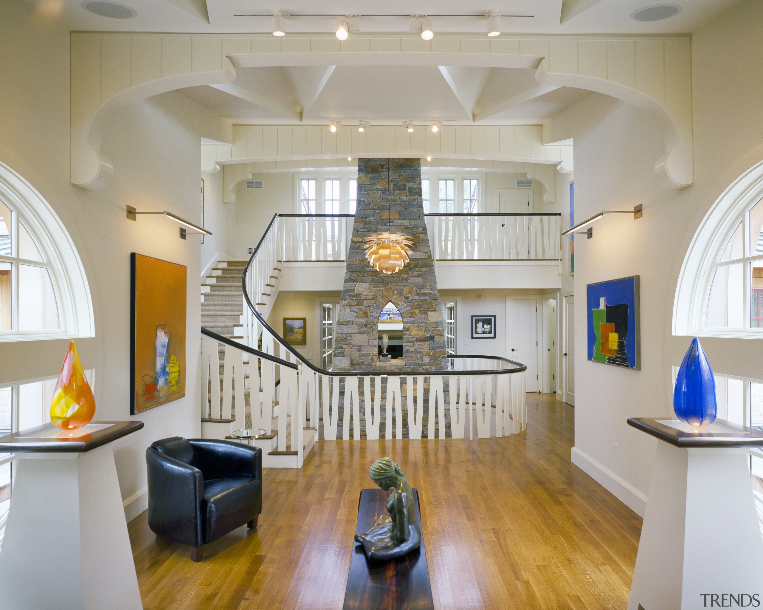 View of art on plynths on wooden flooring ceiling, daylighting, home, interior design, living room, room, gray