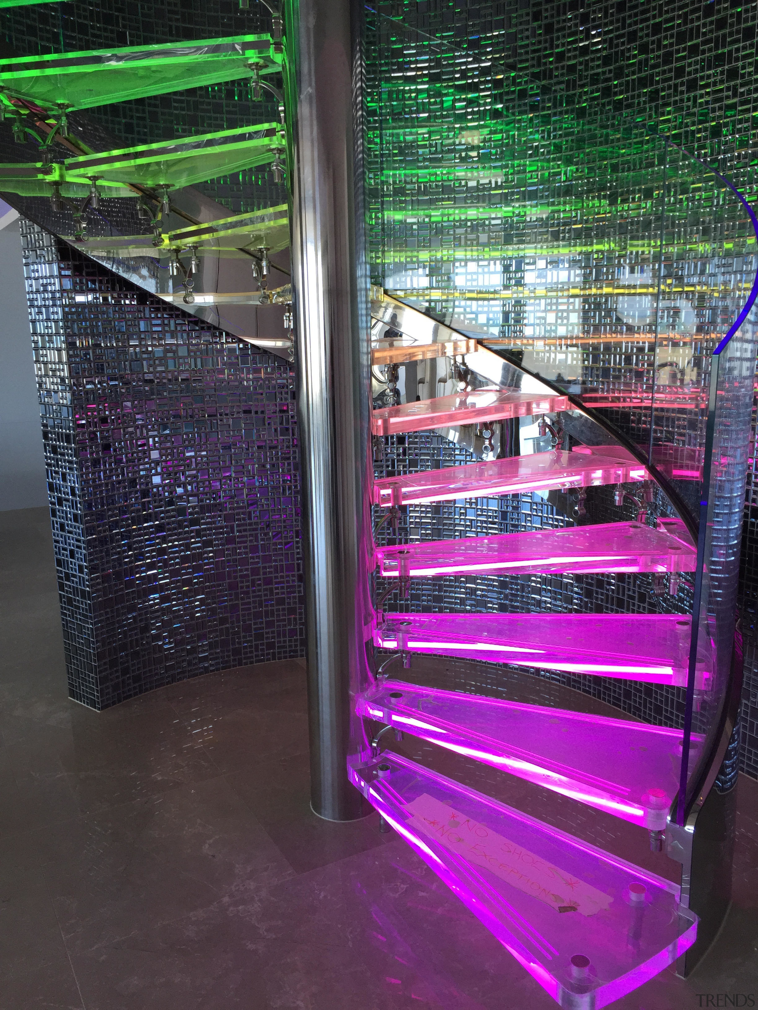 Clear glass spiral balustrade by Glasshape - Clear architecture, glass, light, lighting, purple, structure, black