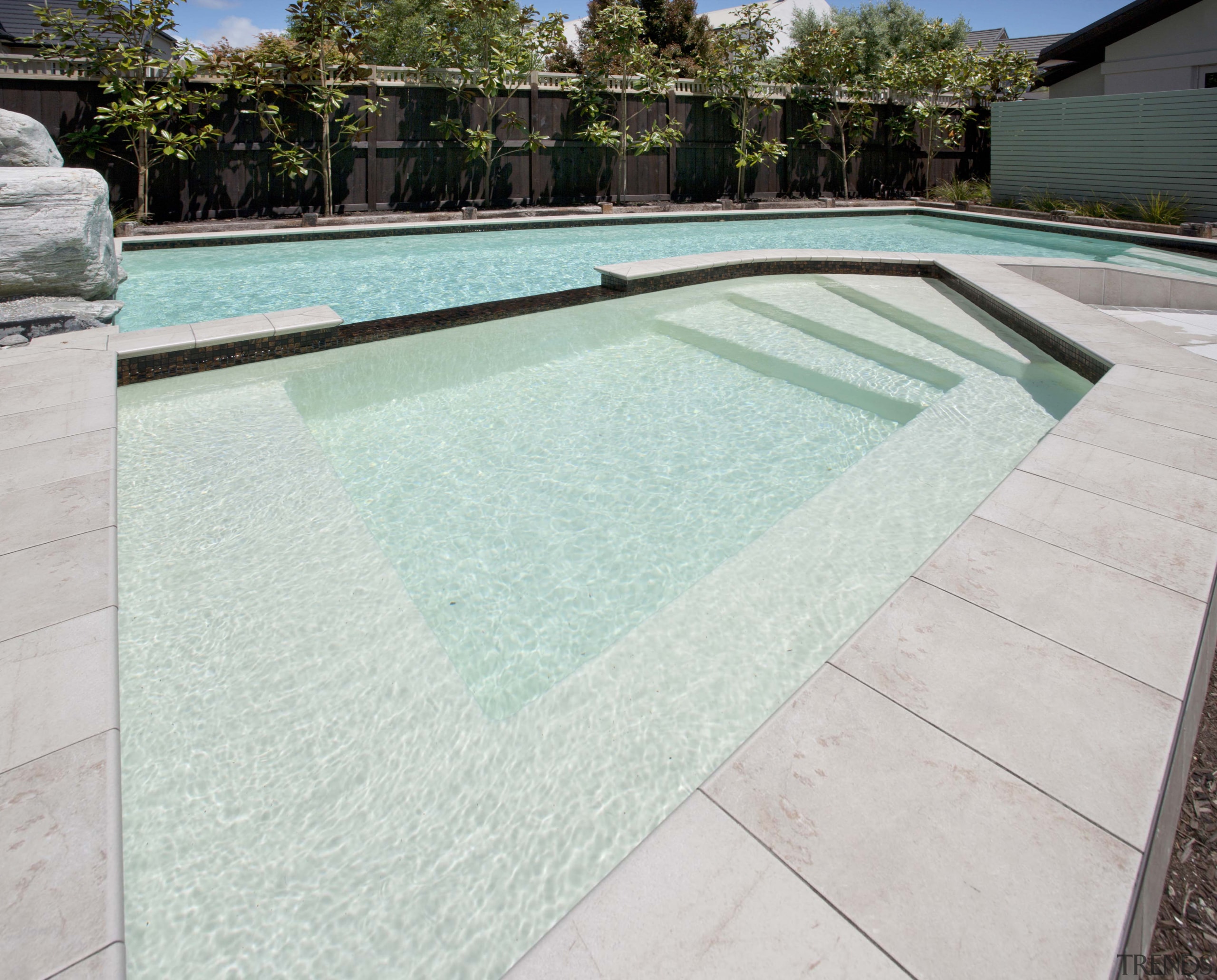 View of contemporary house with pool. - View floor, leisure, property, road surface, swimming pool, water, white, gray