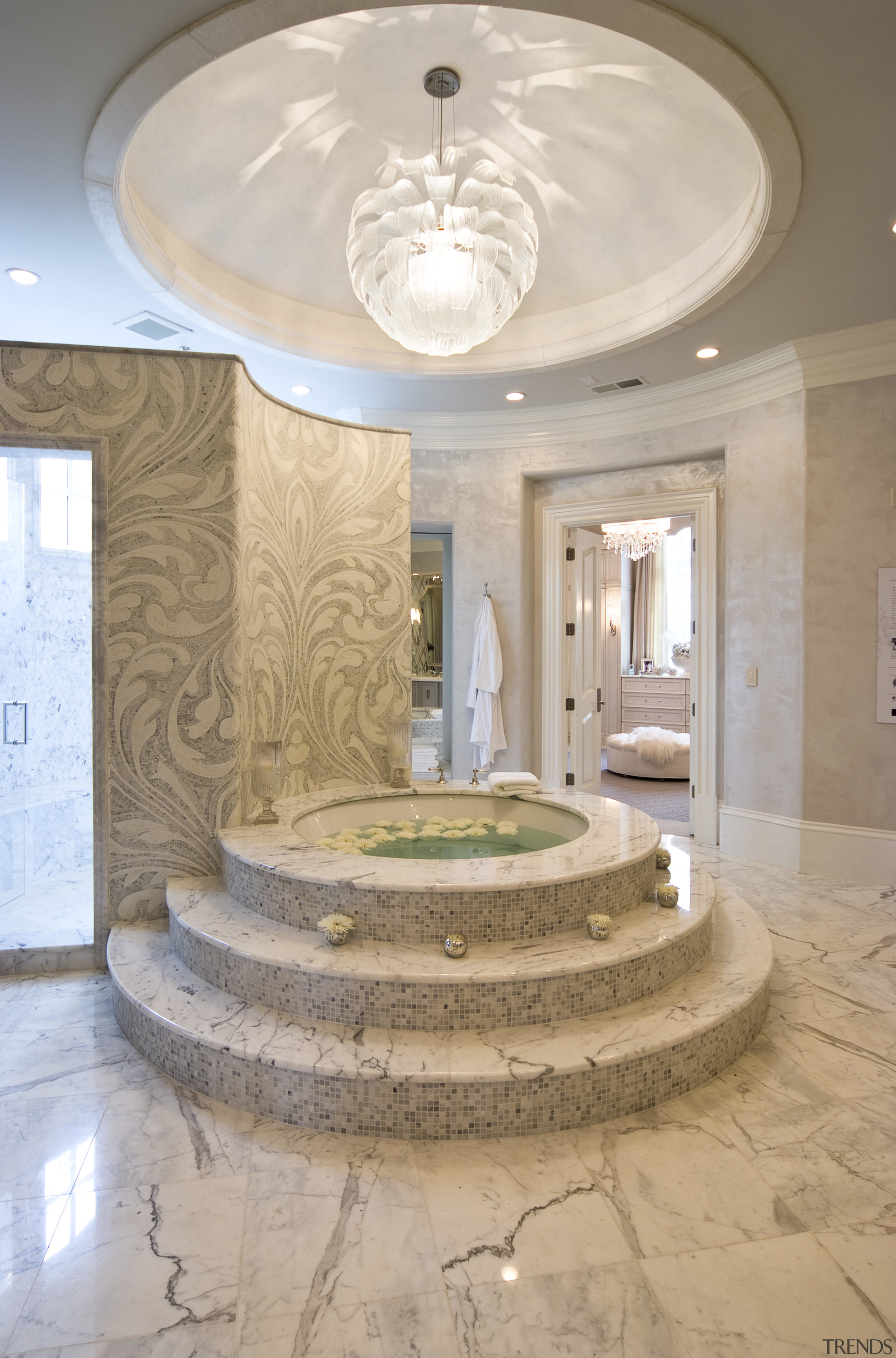 View of Rotunda Bath from MTI Whirlpools - architecture, ceiling, column, daylighting, estate, floor, home, interior design, lobby, structure, wall, gray