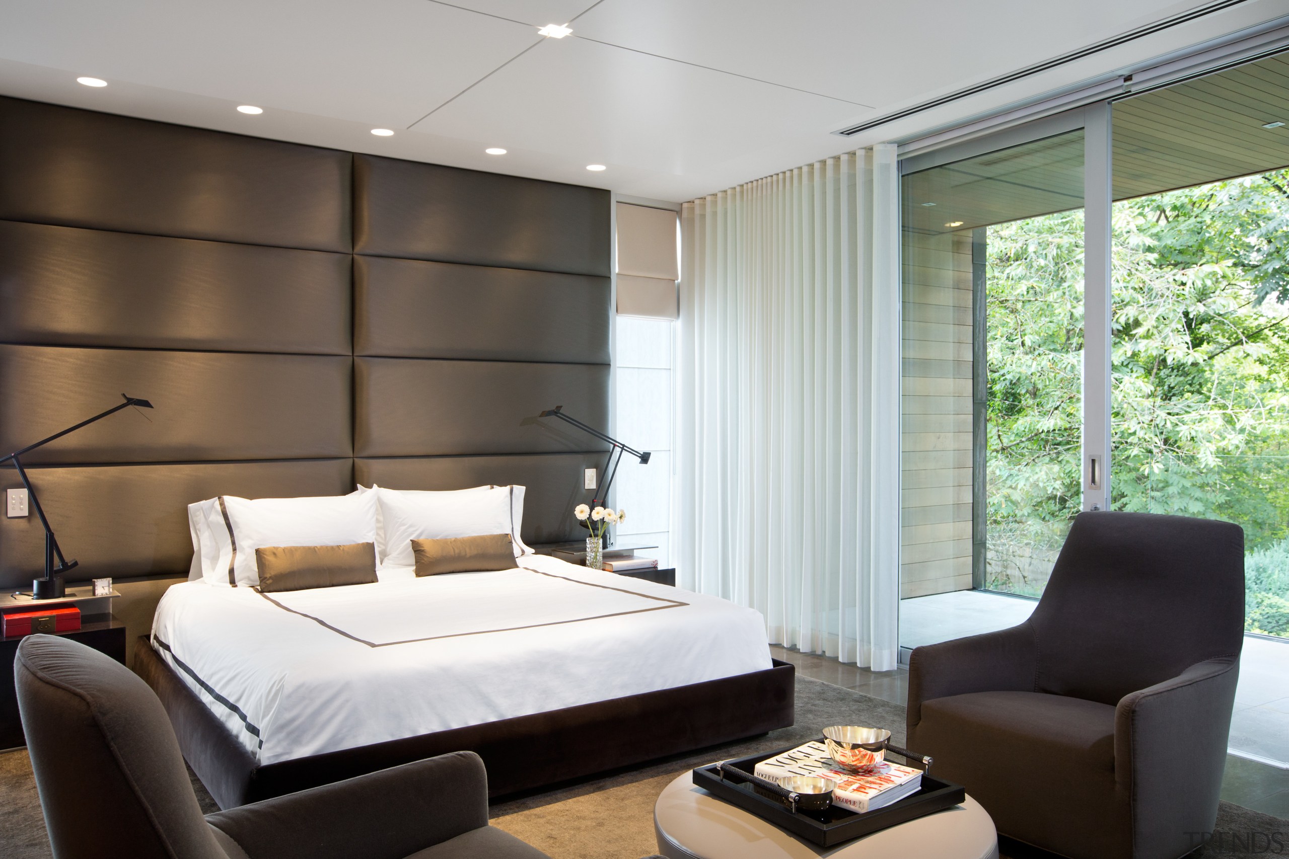 This master suite is positioned to overlook the ceiling, interior design, living room, room, suite, wall, window, window covering, window treatment, gray