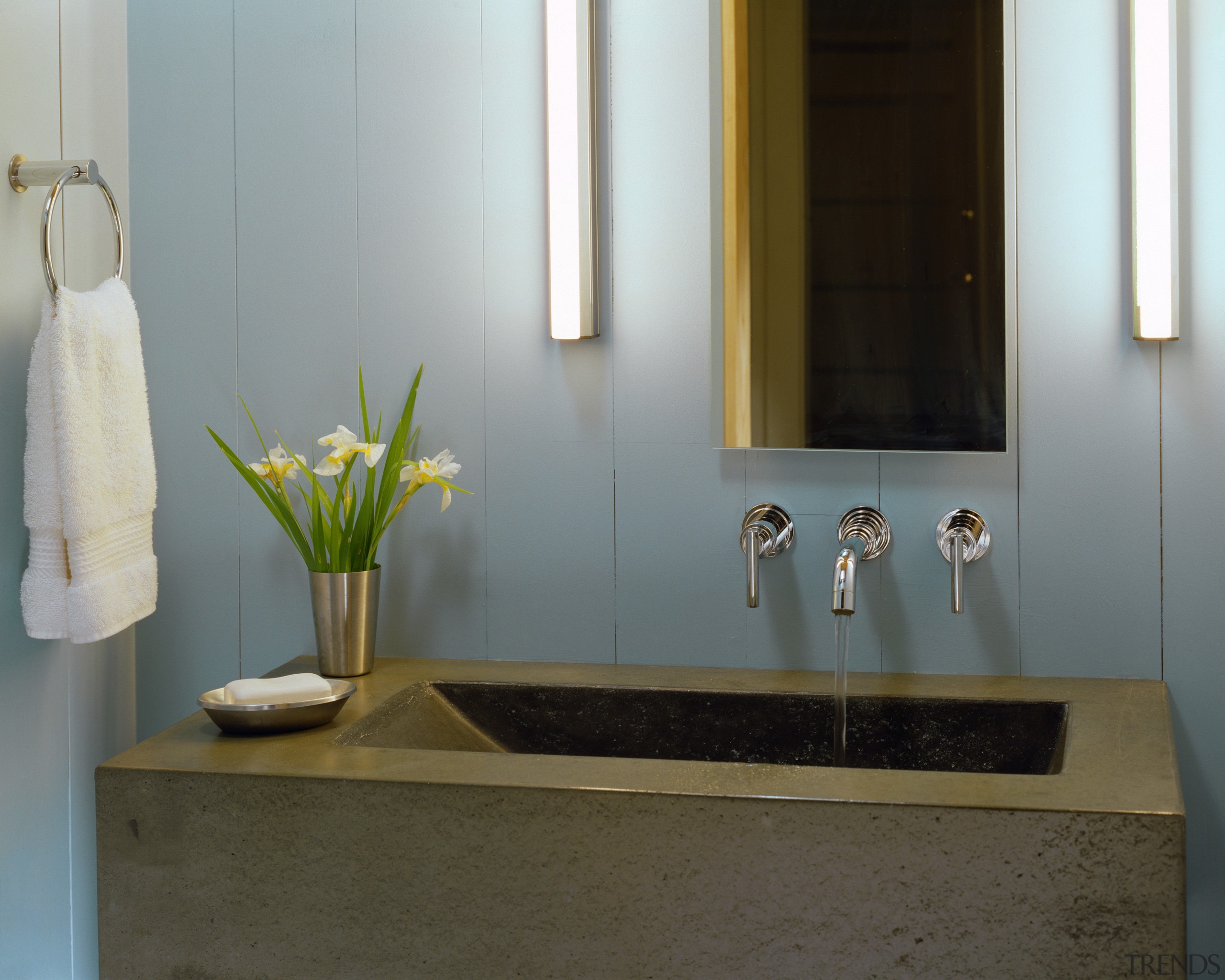 View of a vanity with large integrated basin, bathroom, countertop, interior design, room, sink, gray