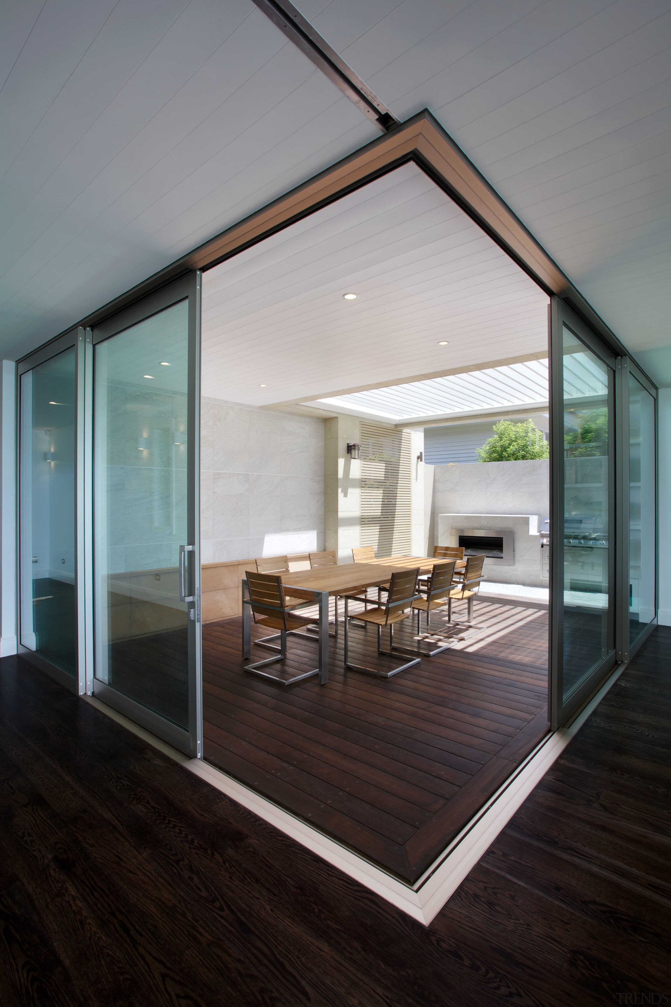 APL Architectural Series sliding doors open up once architecture, daylighting, door, floor, flooring, glass, hardwood, house, interior design, laminate flooring, real estate, window, wood, wood flooring, gray, black