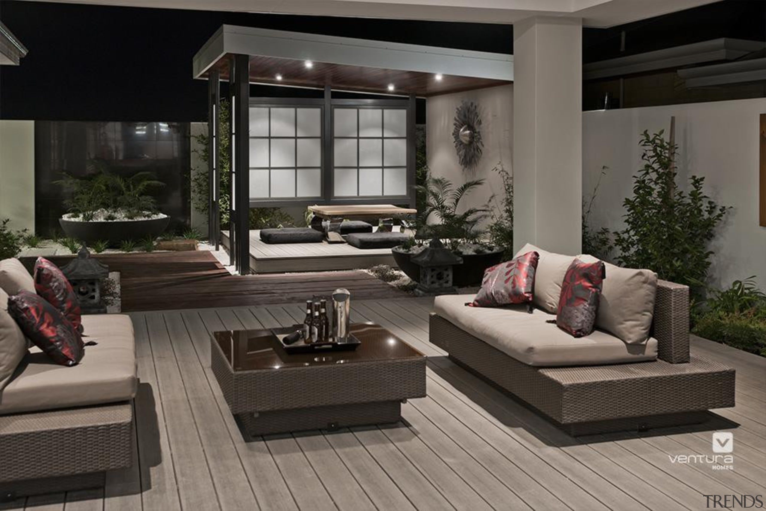 Japanese Alfresco Design. - The Dynasty Display Home floor, flooring, furniture, home, interior design, living room, patio, black, gray