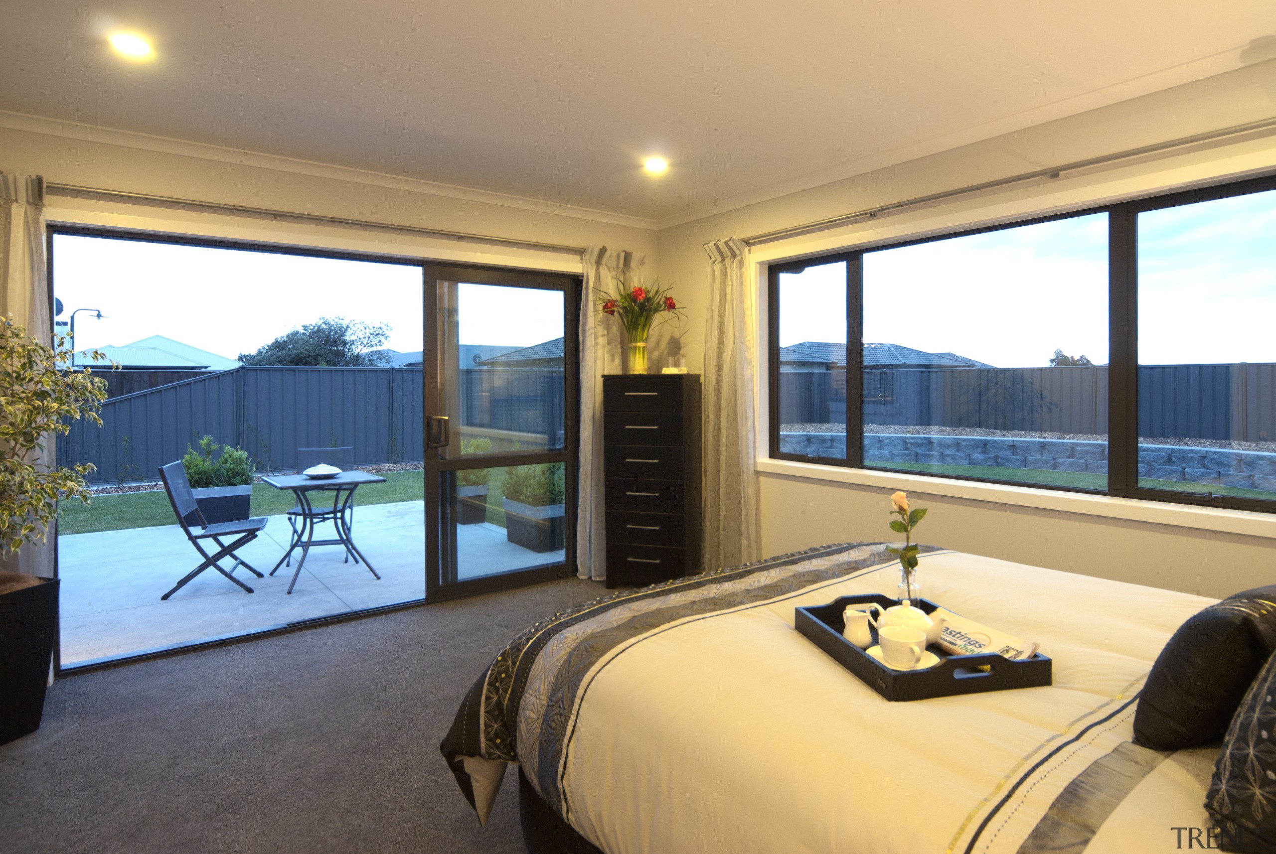 View of master bedroom of this David Reid estate, home, house, interior design, property, real estate, room, window, orange