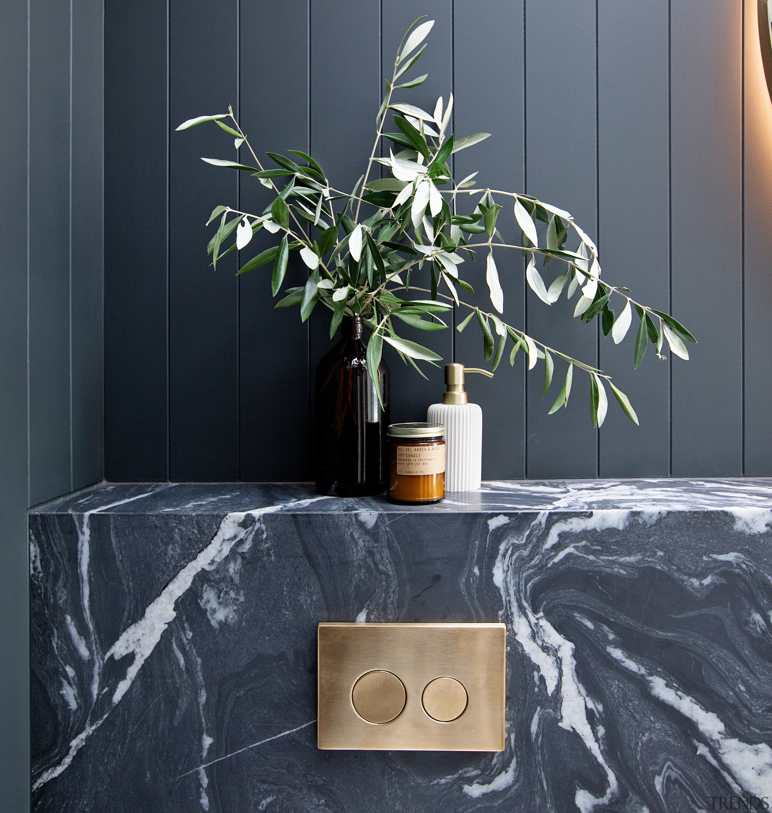 The brass accents extend to the toilet buttons 