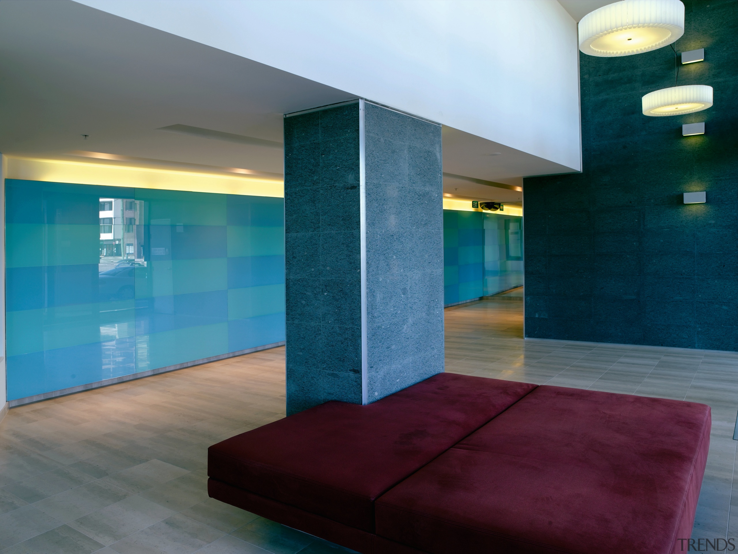 Interior veiw of the Lobby featuring laminate flooring, architecture, ceiling, floor, flooring, glass, house, interior design, lighting, lobby, real estate, wall, teal