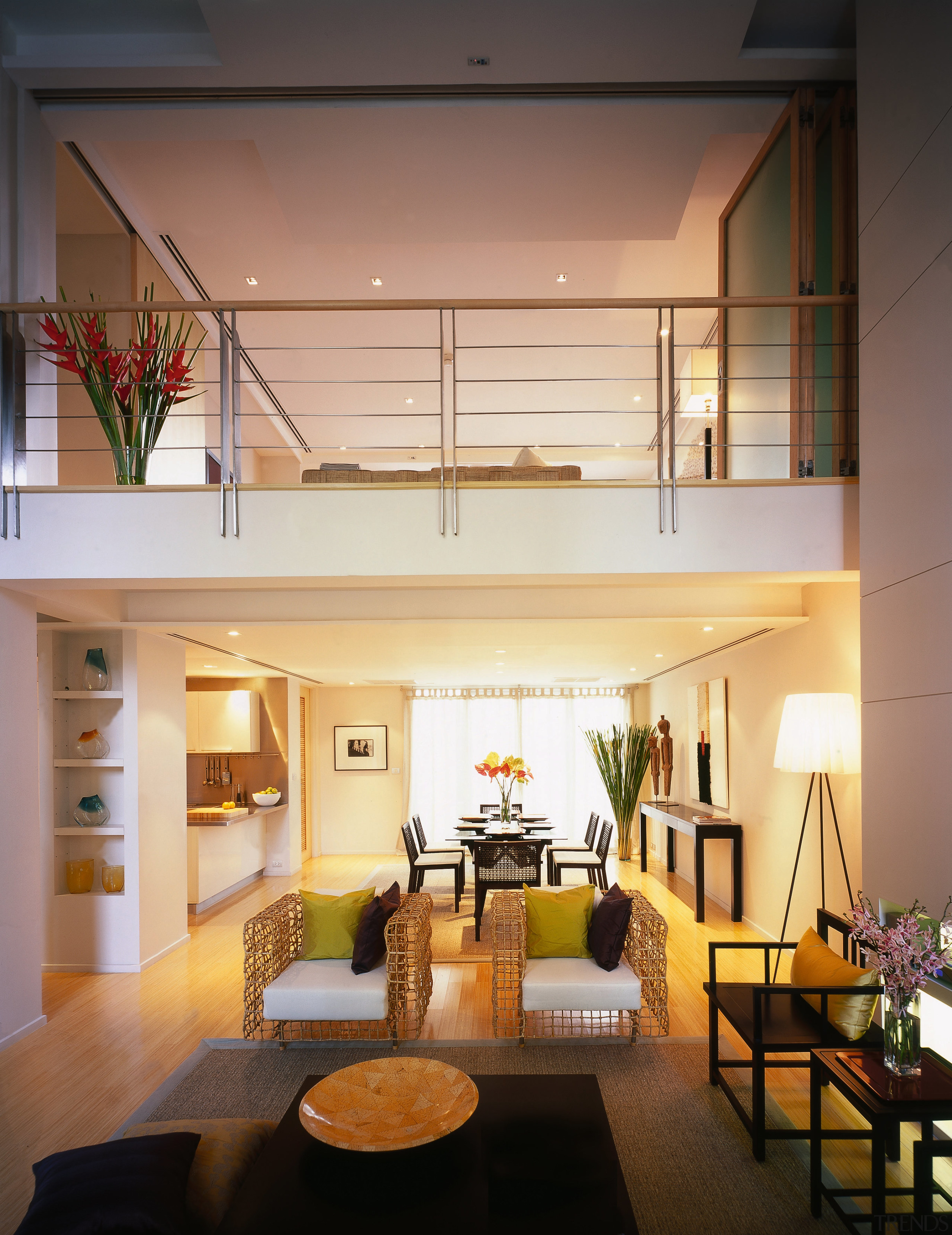 View of the living area with mezzanine floor, apartment, architecture, ceiling, daylighting, home, house, interior design, living room, loft, real estate, brown