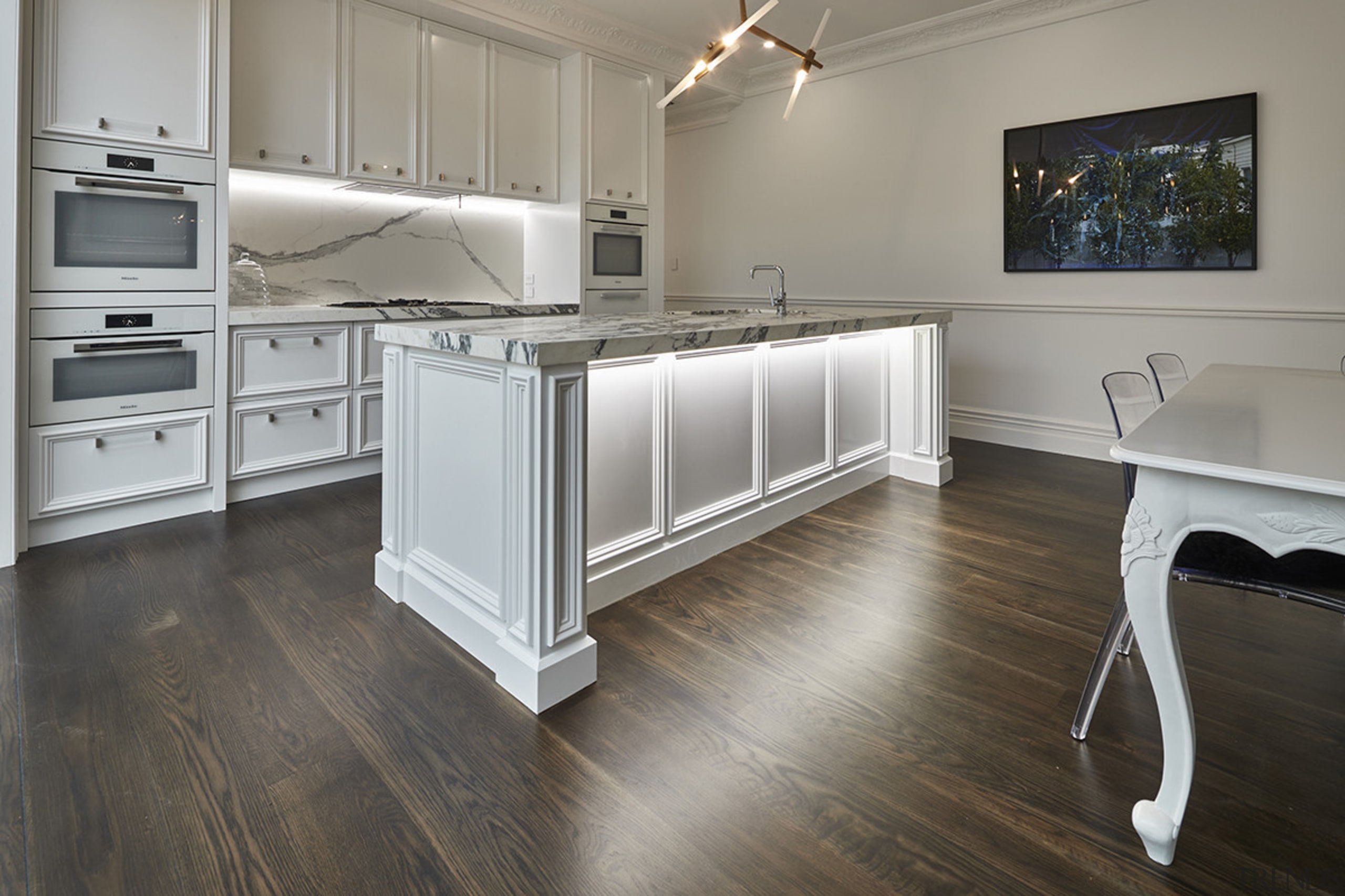 Concealed underbench lighting shows off the classic detailing countertop, floor, flooring, hardwood, kitchen, laminate flooring, room, tile, wood, wood flooring, gray