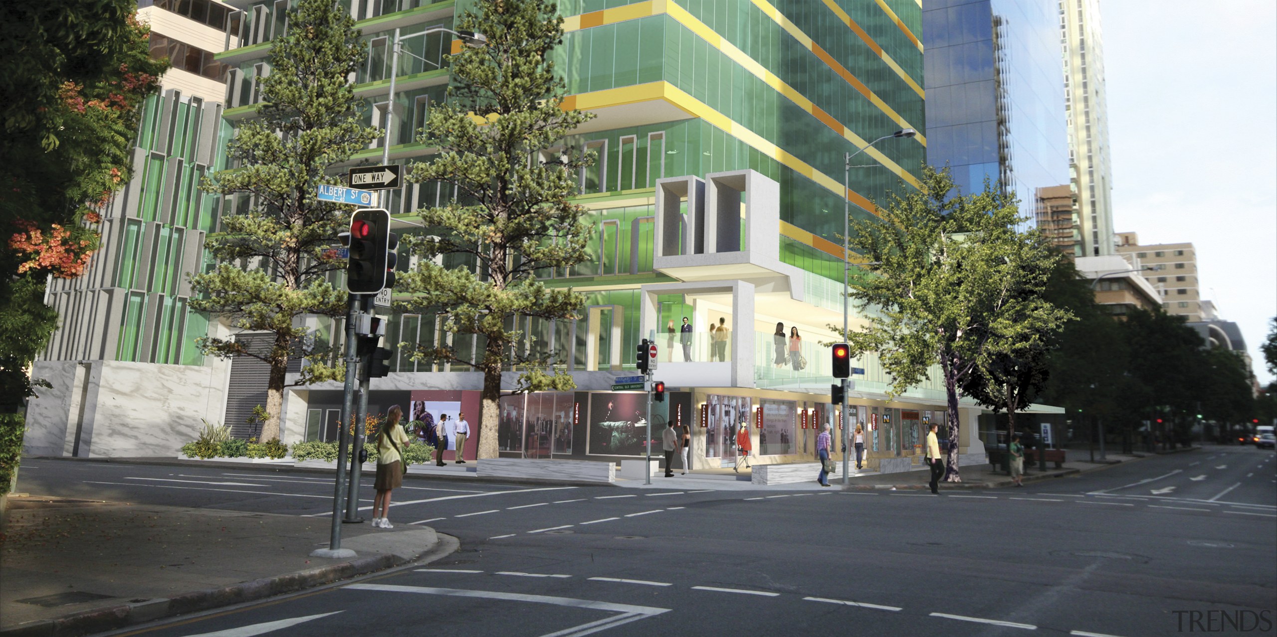 Exterior view of the AM-60 office building and building, city, commercial building, condominium, downtown, facade, infrastructure, lane, metropolis, metropolitan area, mixed use, neighbourhood, pedestrian, plaza, real estate, residential area, road, street, town, tree, urban area, urban design, black, gray