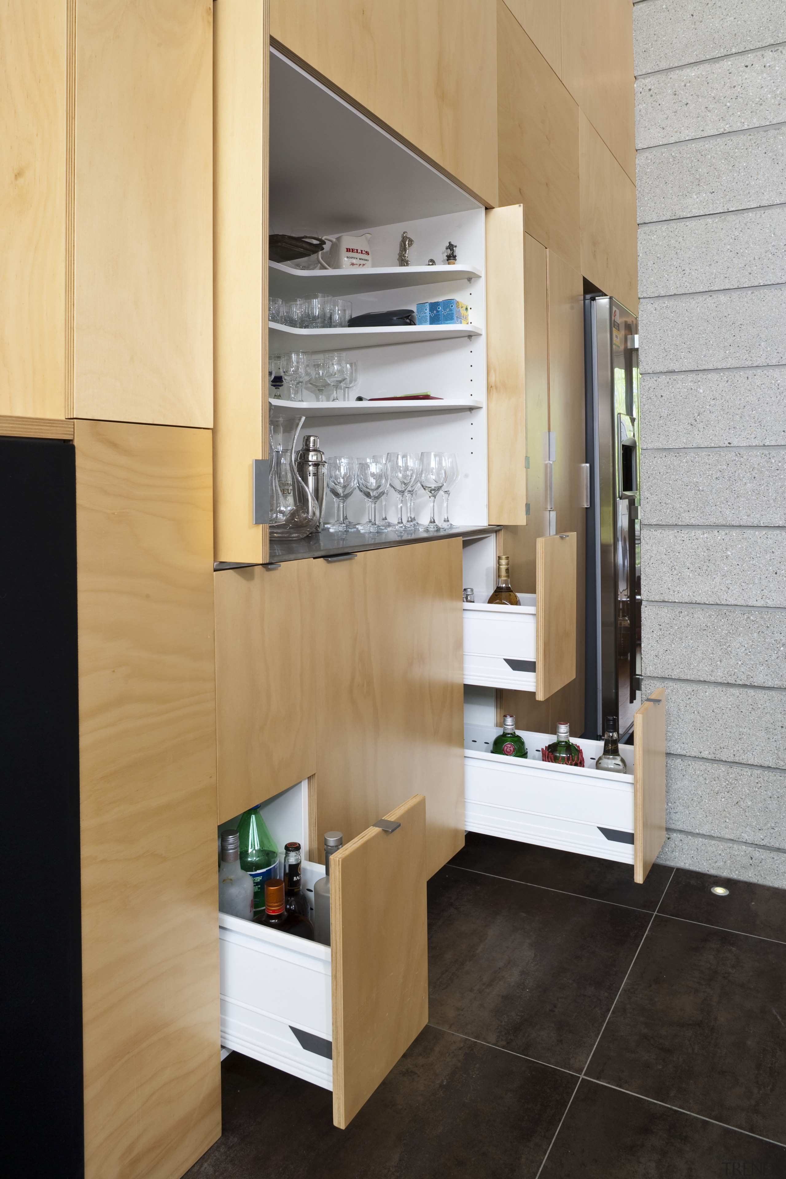 View of kitchen designed by 2 Architecture Studio floor, furniture, interior design, kitchen, shelf, shelving, orange