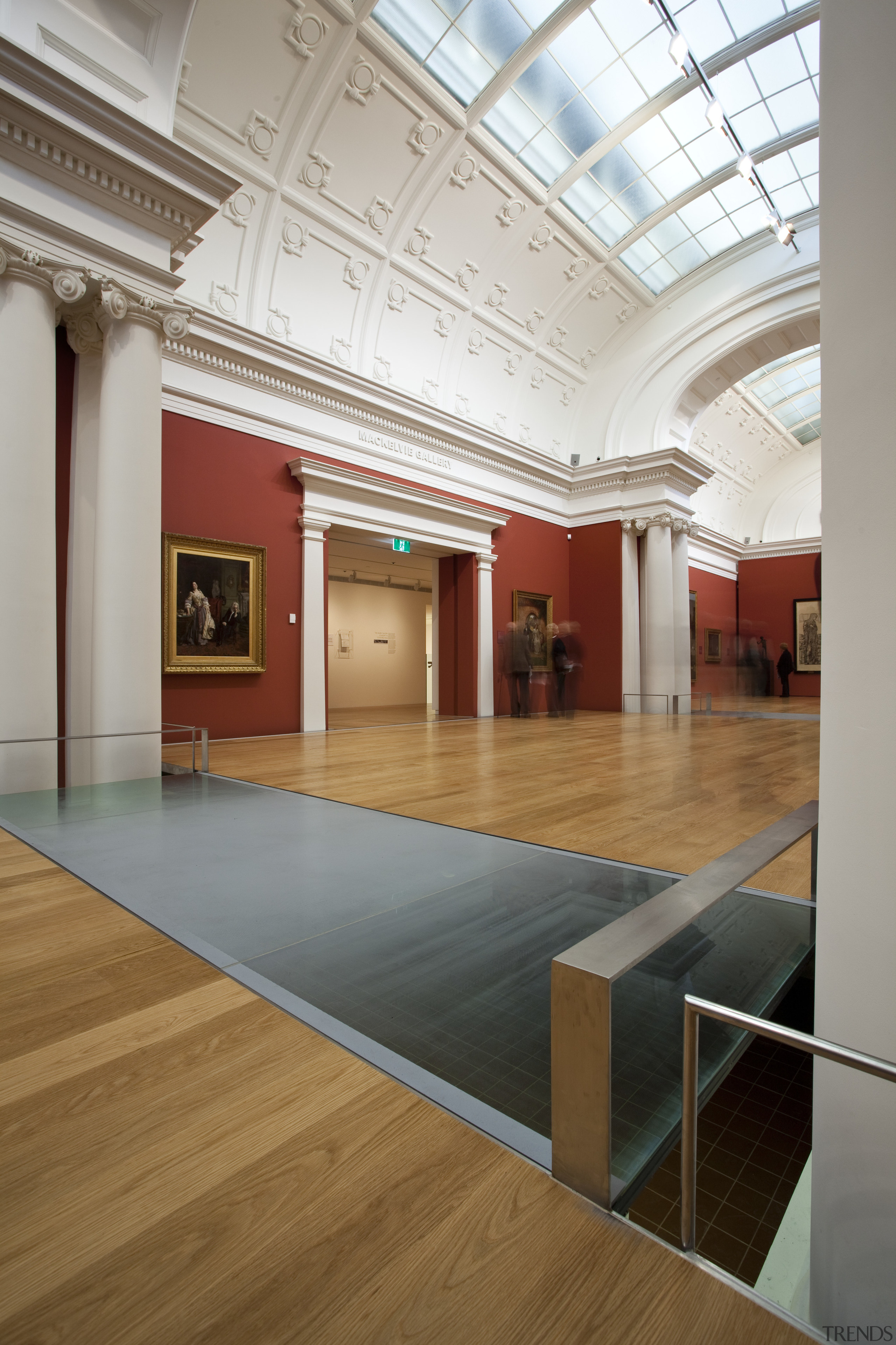 Here is a view of the Auckland Art architecture, art gallery, ceiling, daylighting, exhibition, floor, flooring, hardwood, interior design, laminate flooring, lobby, museum, tourist attraction, wood, wood flooring, gray, brown