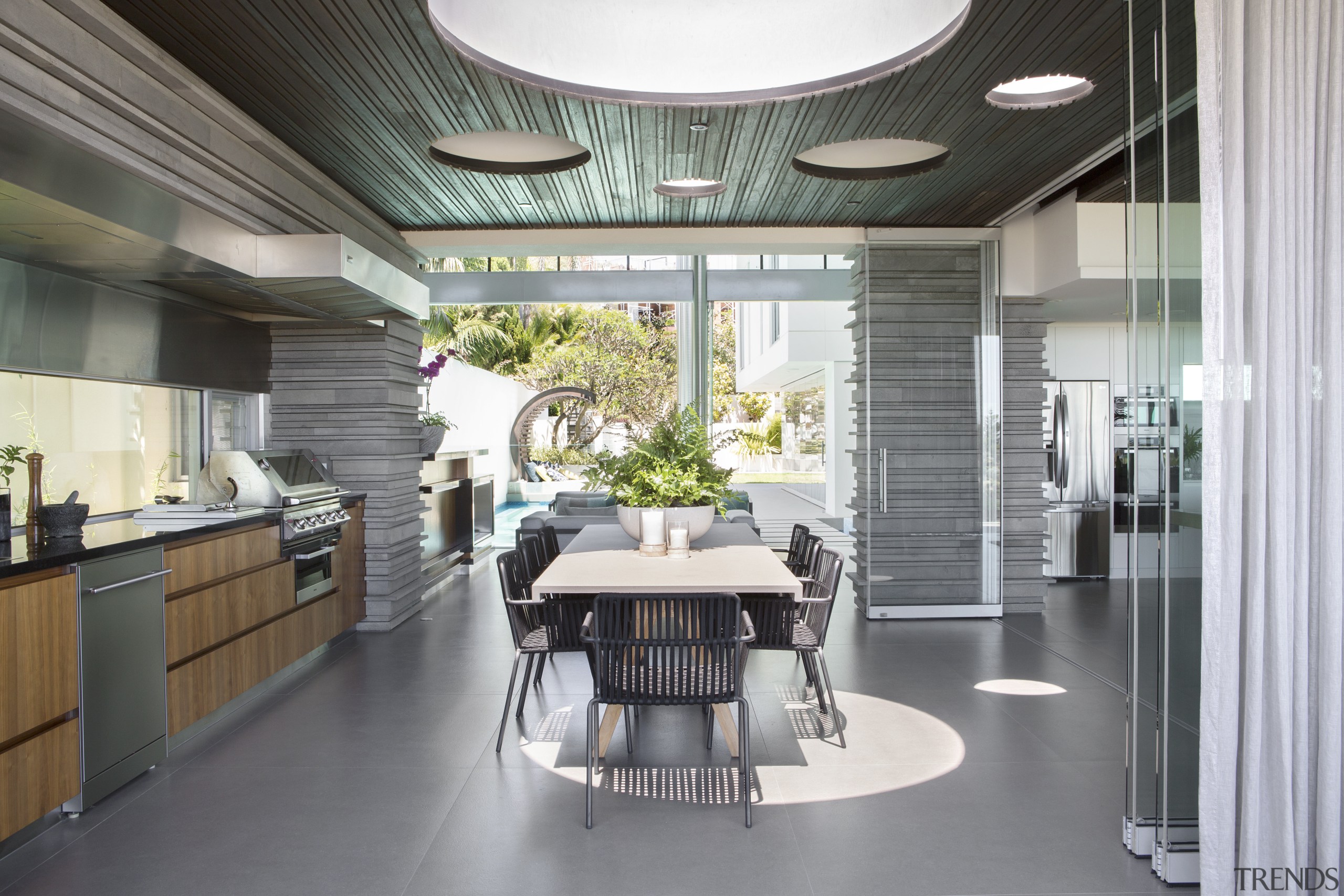 This outdoor kitchens distinctive skylights create attractive circles ceiling, interior design, kitchen, gray