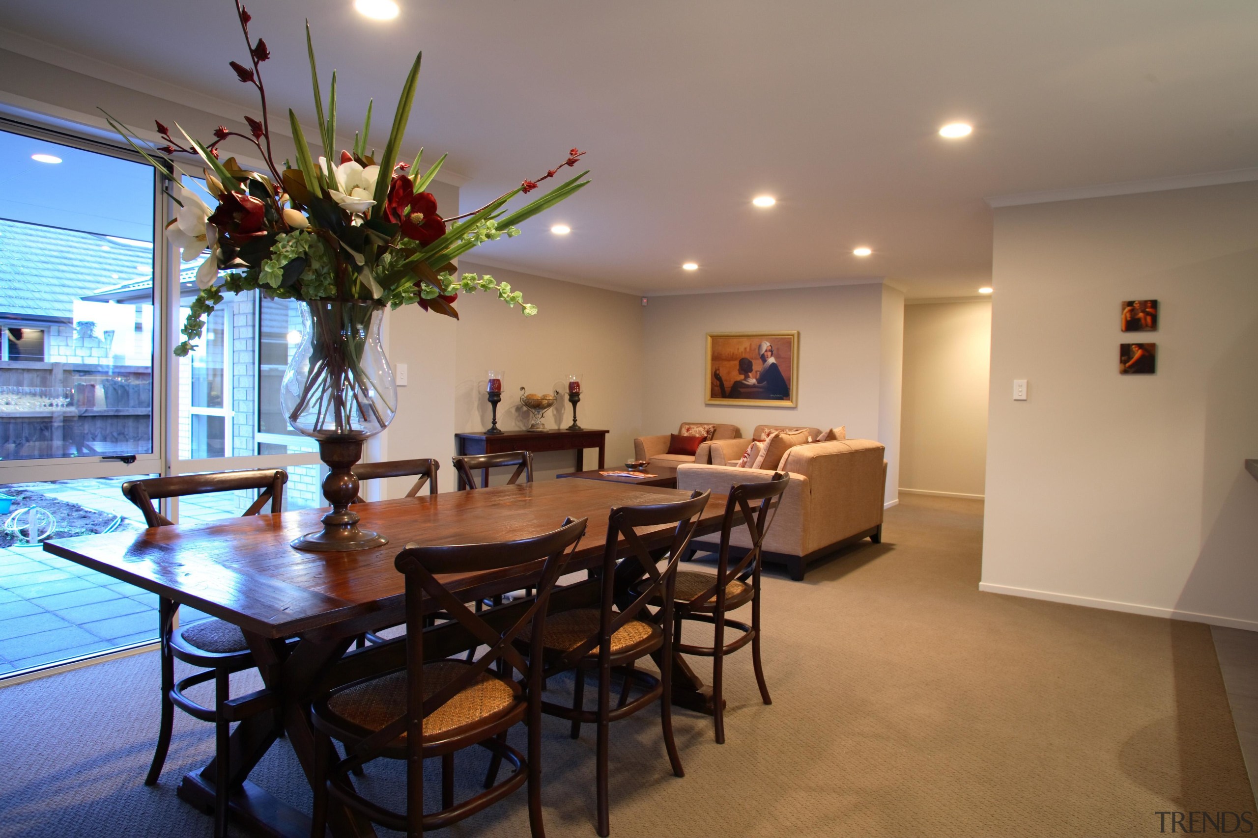 Natural colored dining and living room with wooden dining room, home, interior design, property, real estate, room, table, brown, gray