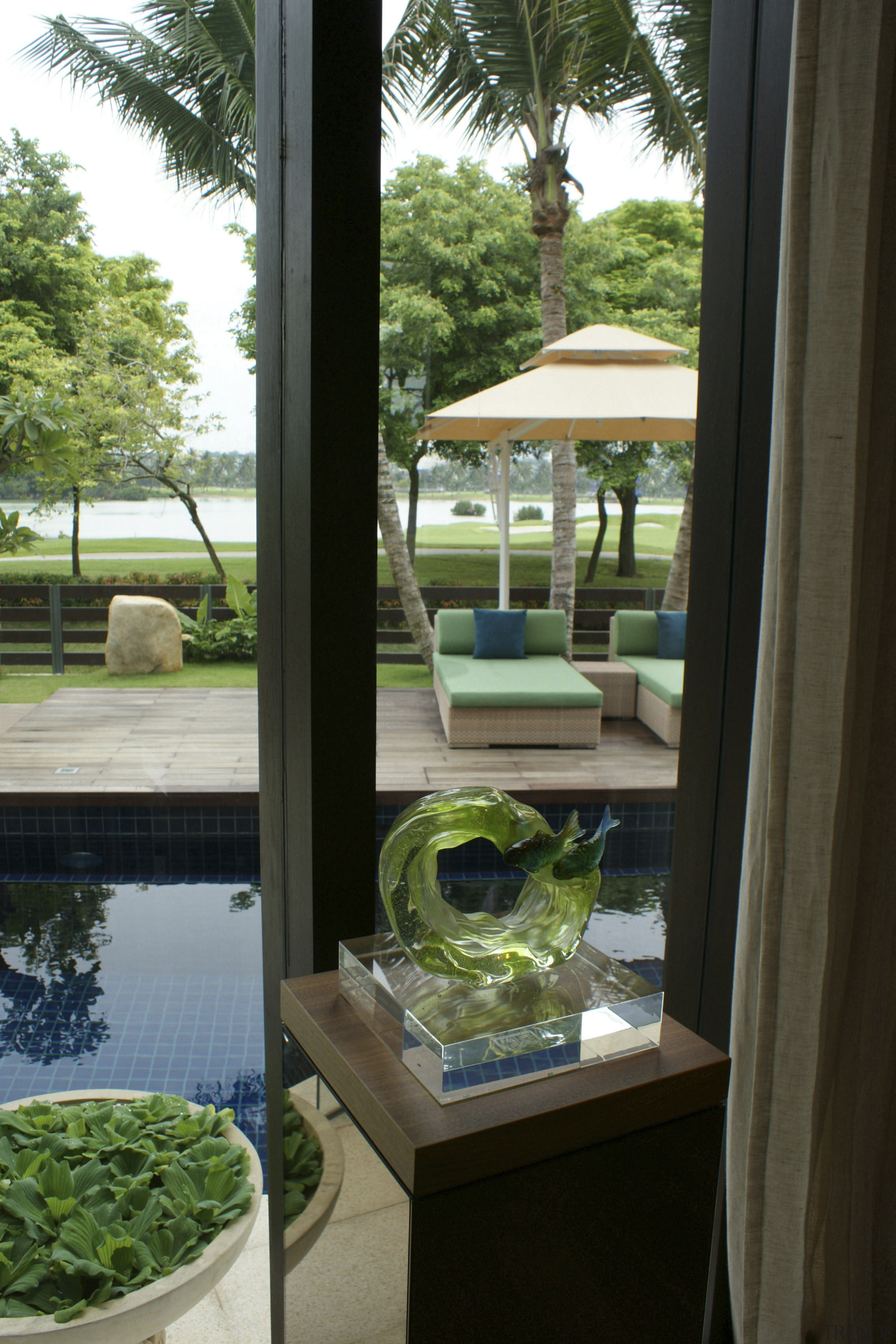 View of window looking to pool area. - home, house, houseplant, outdoor structure, plant, property, table, tree, window, black