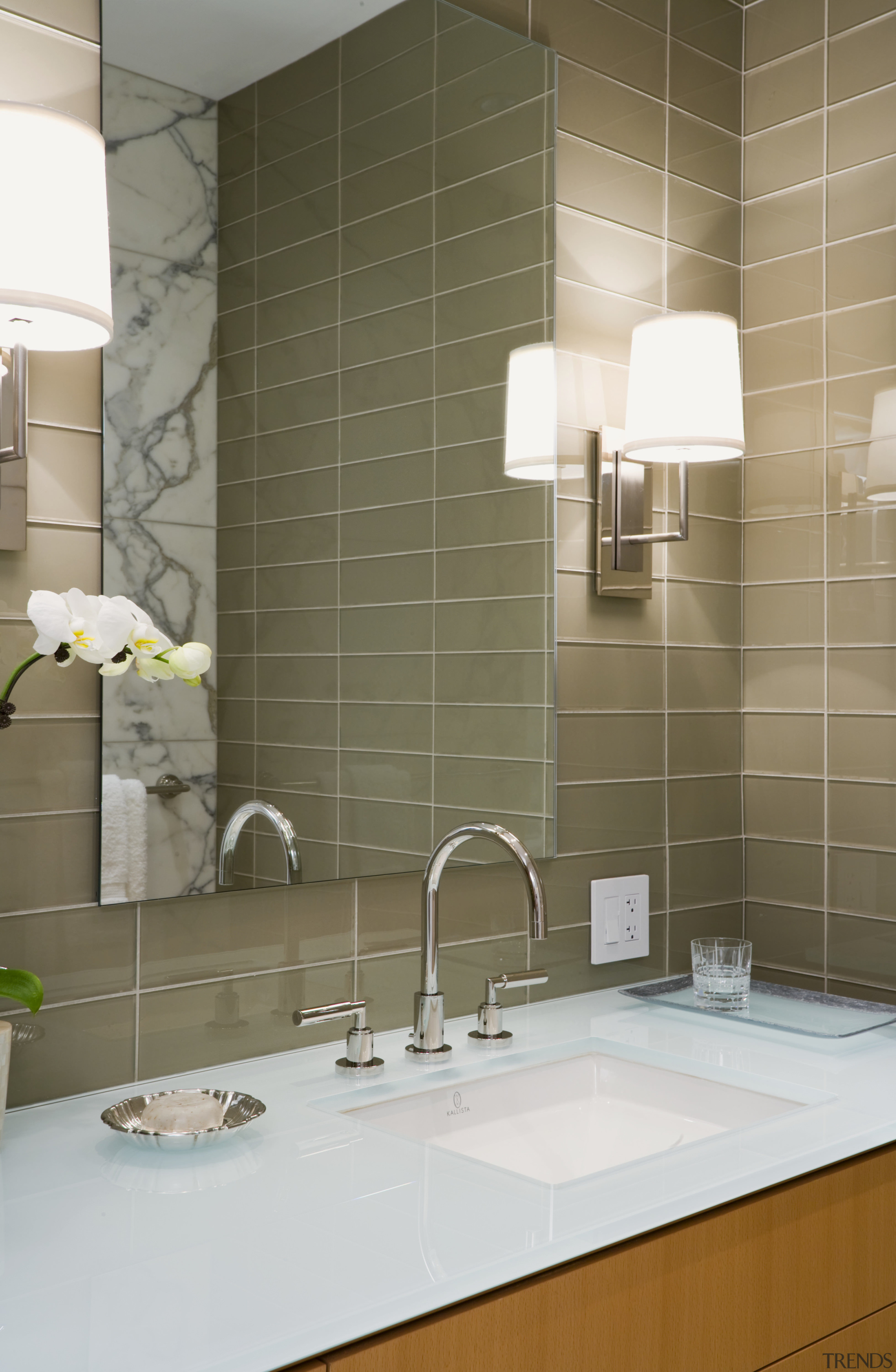 View of bathroom featuring vanity, basin, tapware, mirror, bathroom, bathroom accessory, ceiling, ceramic, countertop, floor, flooring, interior design, product design, room, sink, tap, tile, wall, brown