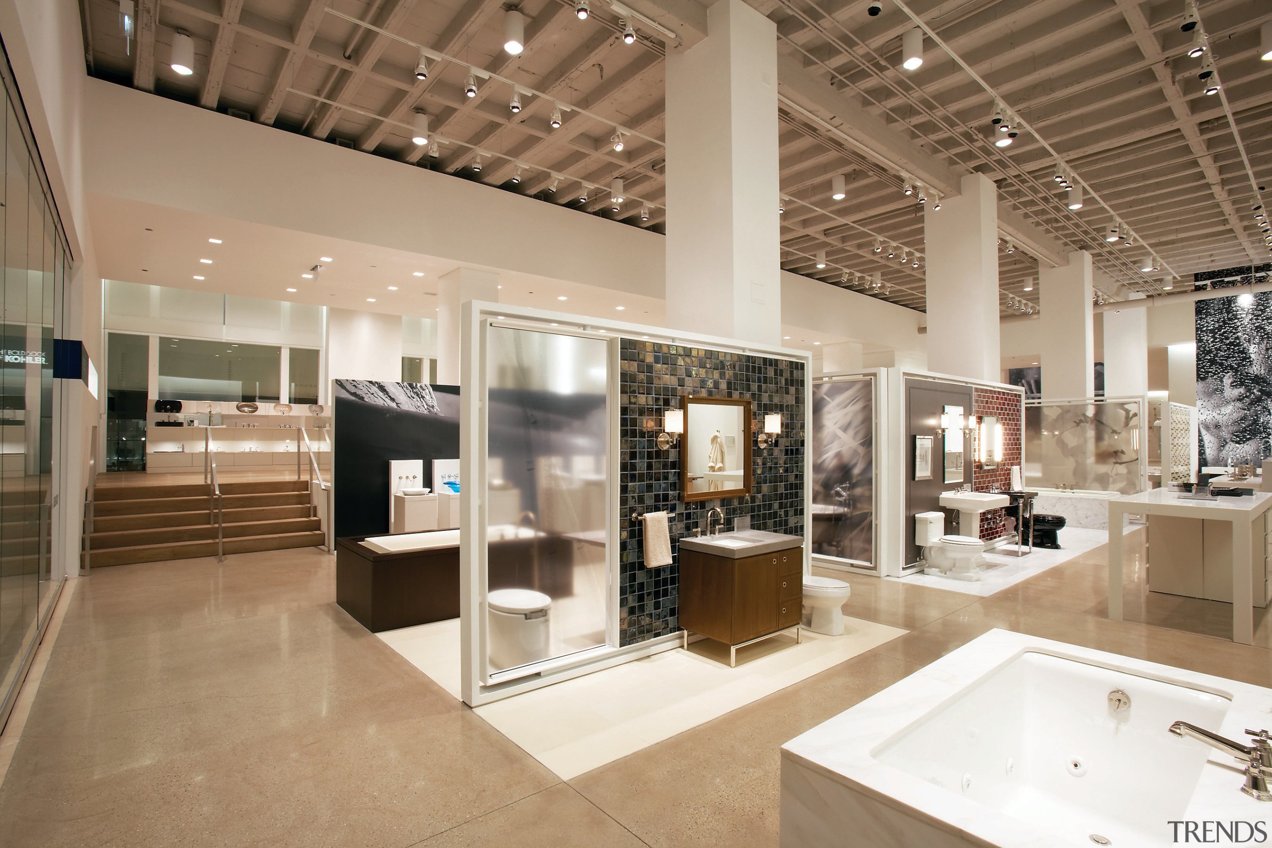 view of the new Kohler Chicago store showcasing ceiling, exhibition, interior design, brown, white