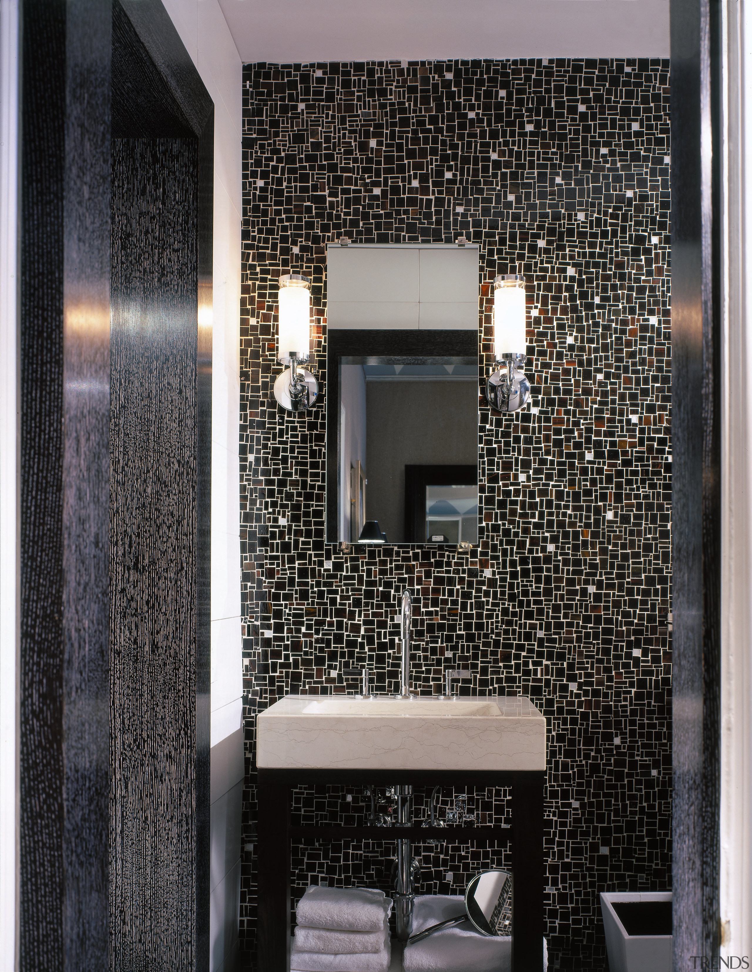 View of the vanity unit - View of bathroom, flooring, interior design, room, tile, wall, black, gray
