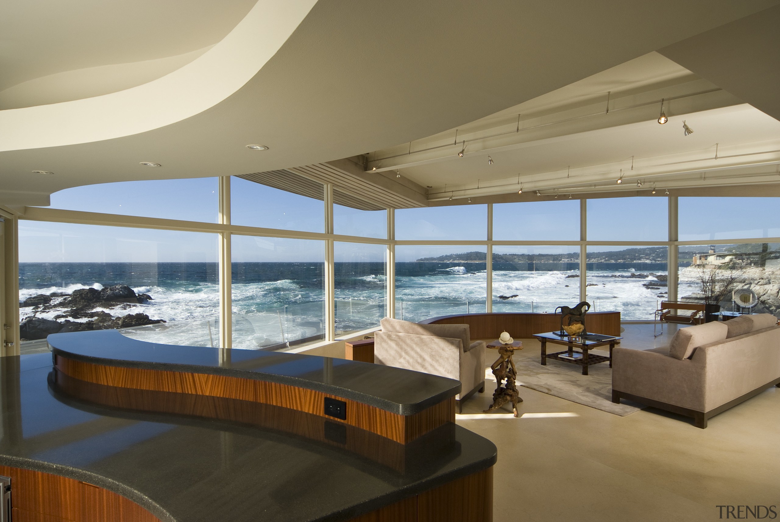 View of the oceanfront Butterfly House in Carmel apartment, architecture, condominium, interior design, penthouse apartment, real estate, window, brown