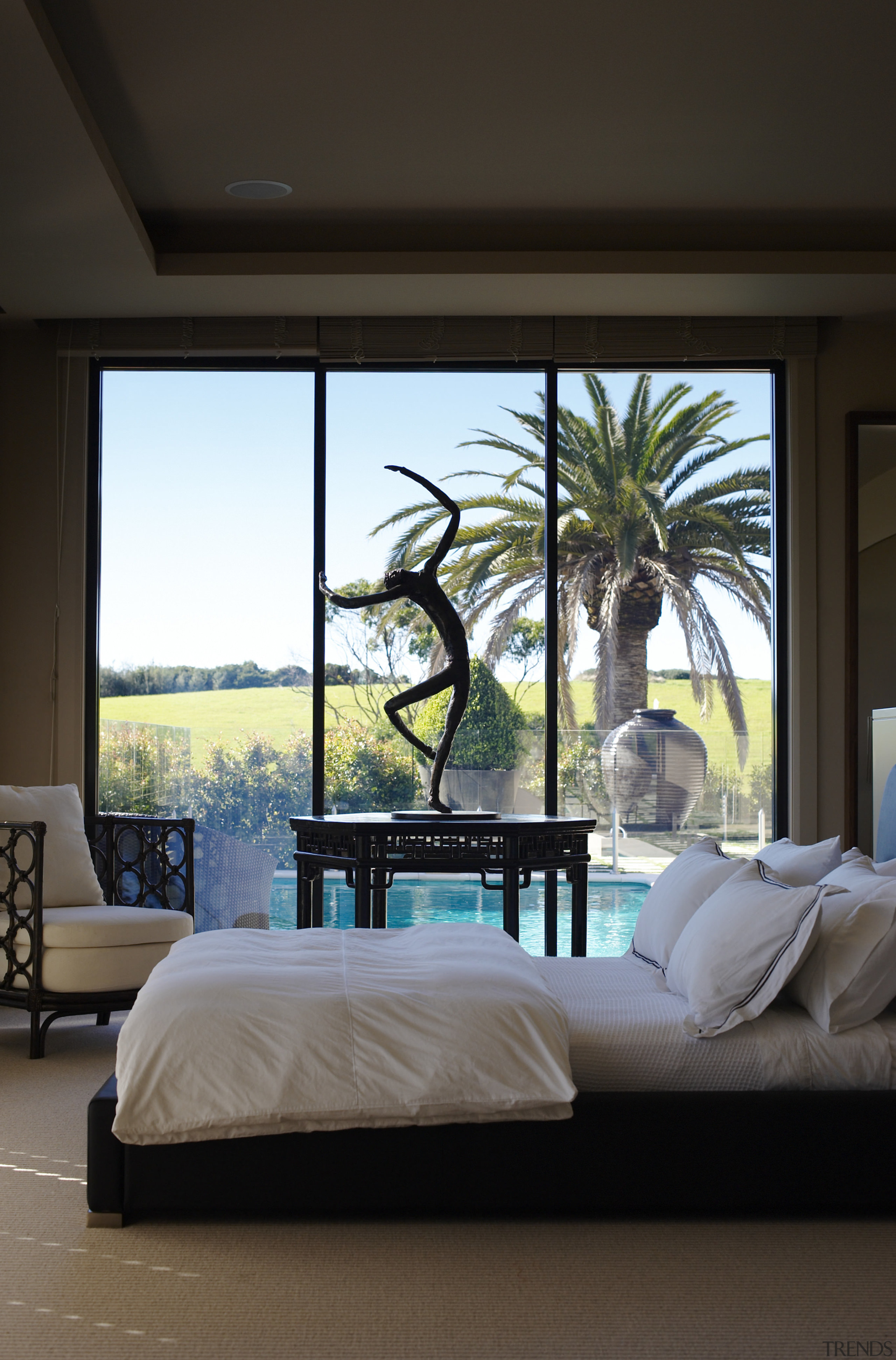 Restful bedroom interior by designer Garth Barnett bedroom, ceiling, furniture, home, hotel, interior design, room, window, black