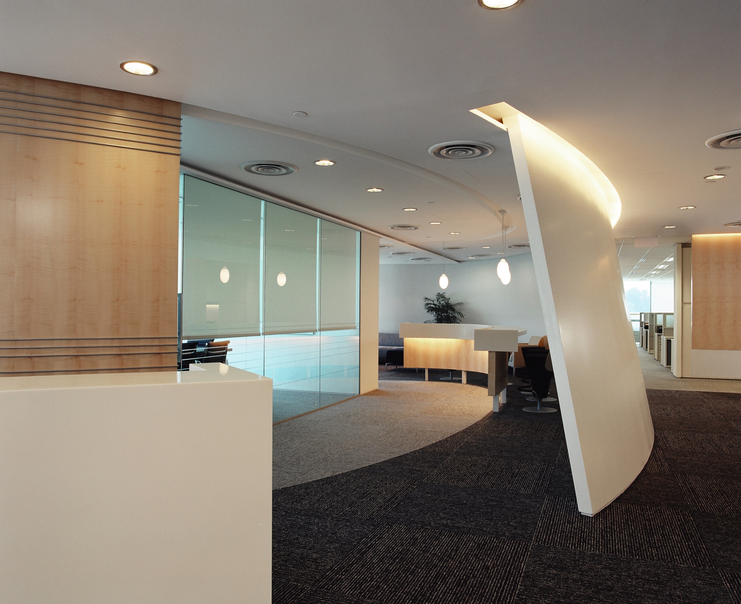 Reception area of office with cream desk and architecture, ceiling, daylighting, floor, flooring, glass, interior design, lobby, office, real estate, gray