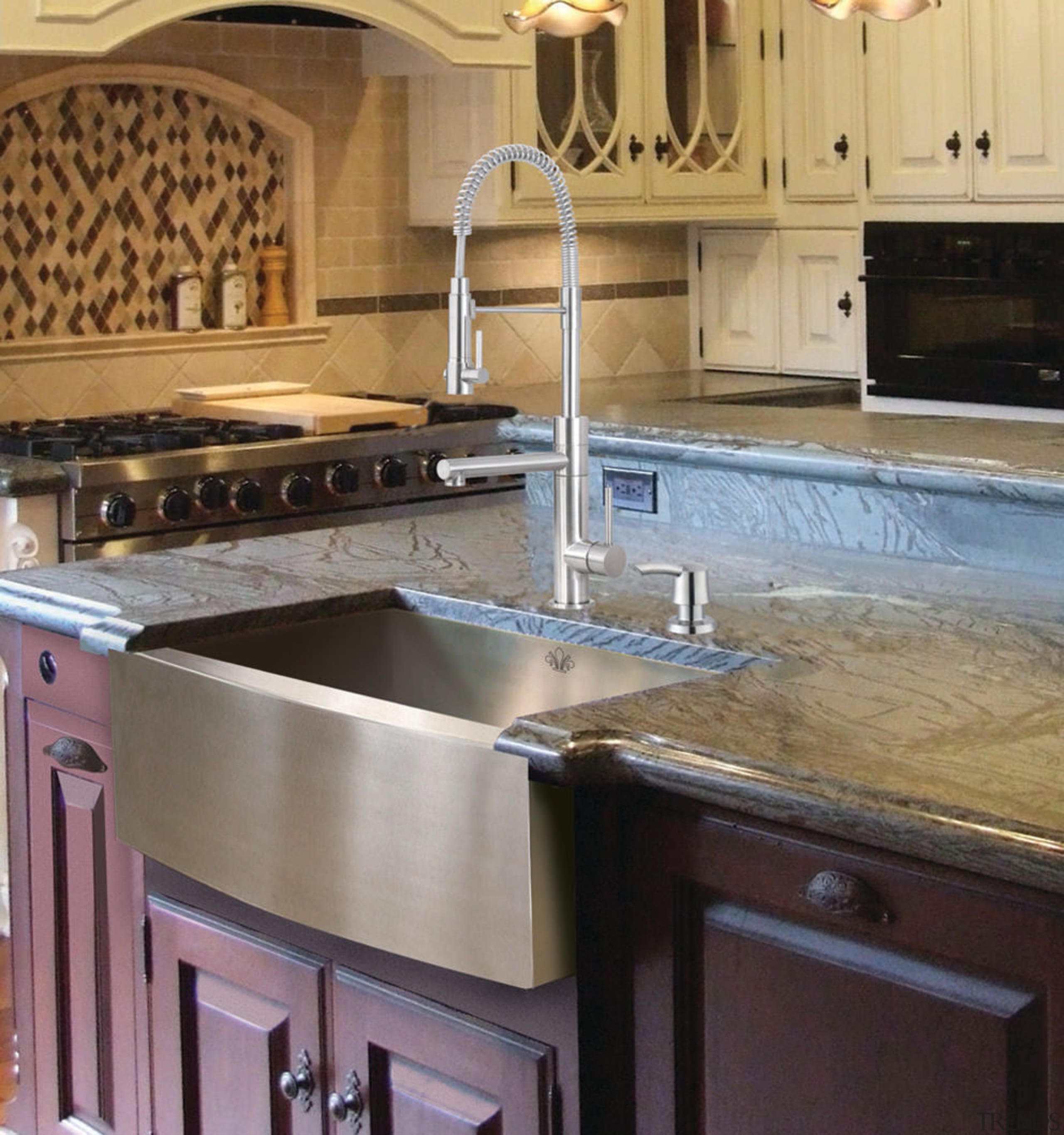 View of a kitchen which features a stainless cabinetry, countertop, cuisine classique, flooring, granite, hardwood, kitchen, kitchen stove, sink, wood stain, gray