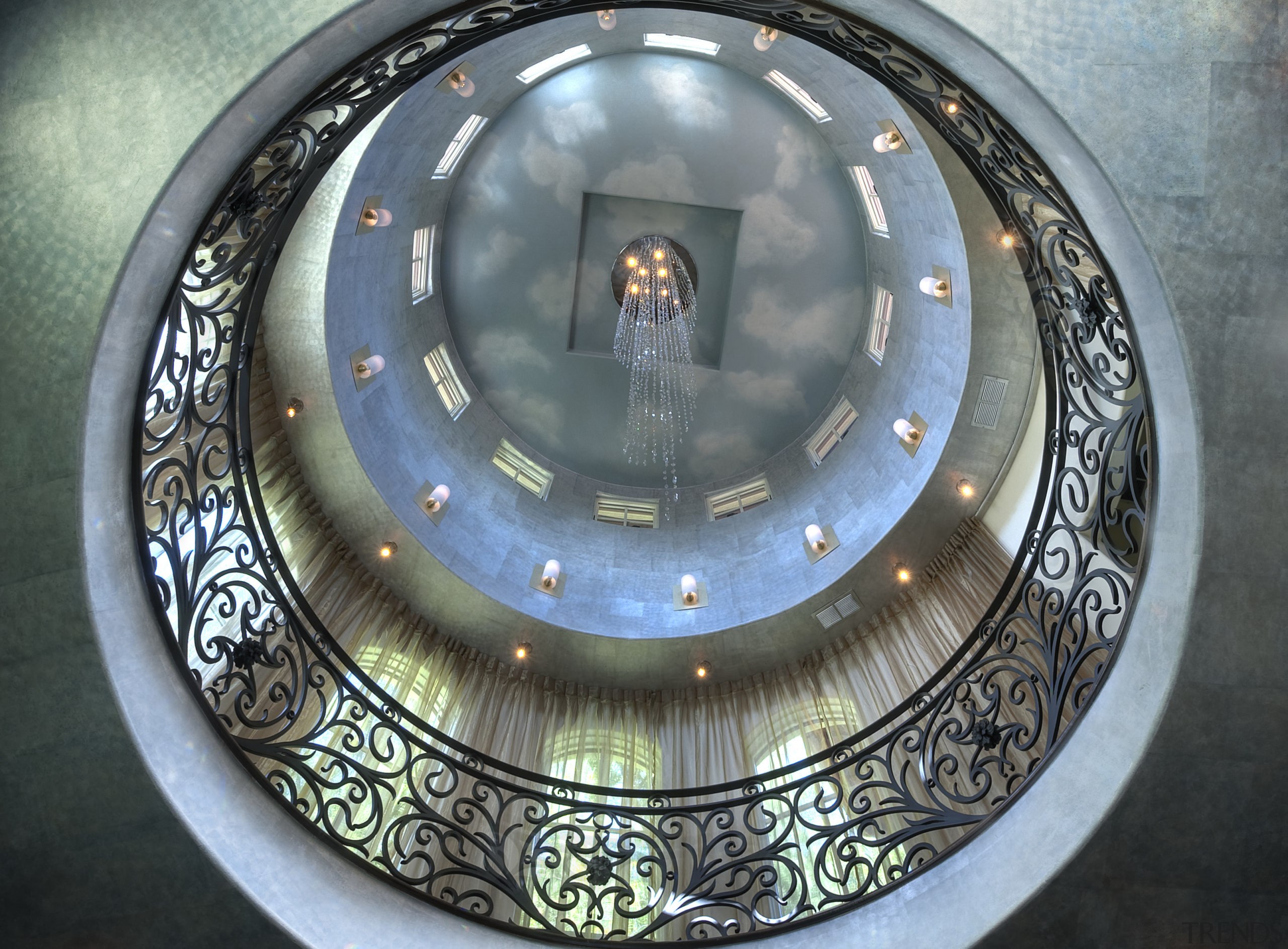 Low angle view in traditional home. - Low circle, glass, gray, black