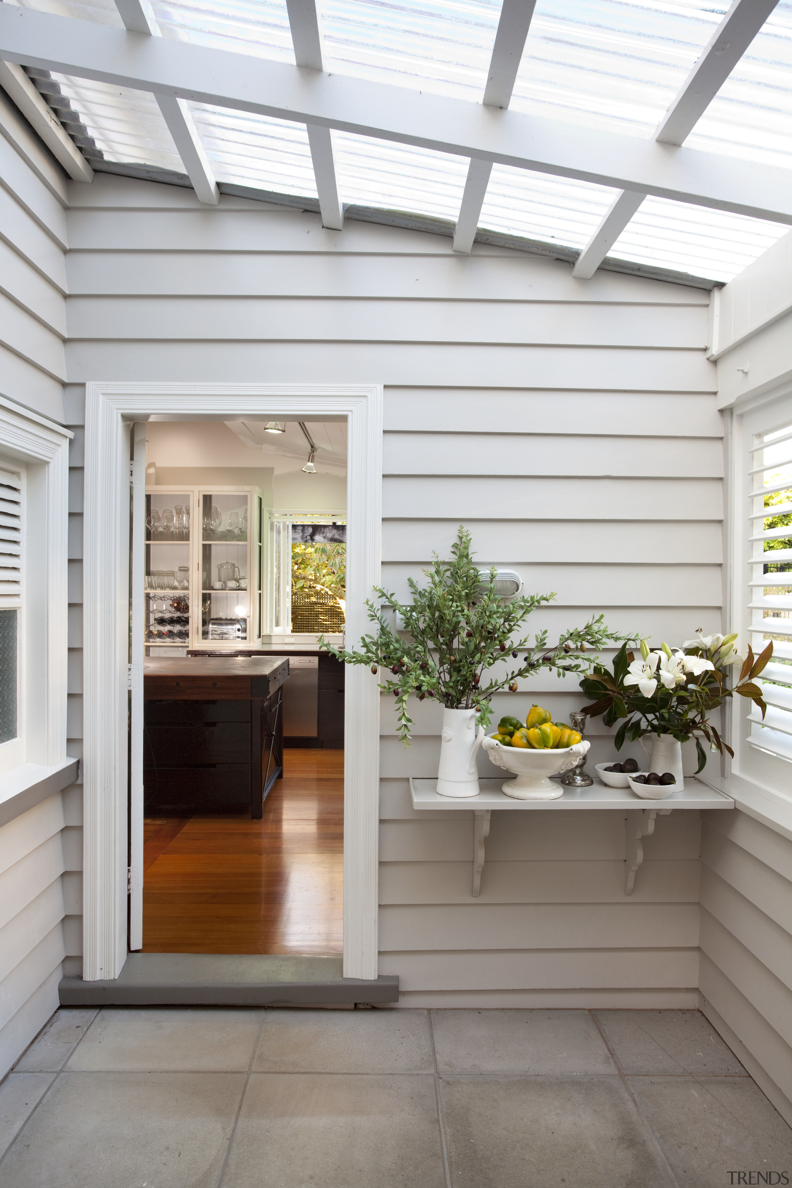 door from scullery to main kitchen - door daylighting, floor, home, house, interior design, outdoor structure, roof, window, white, gray