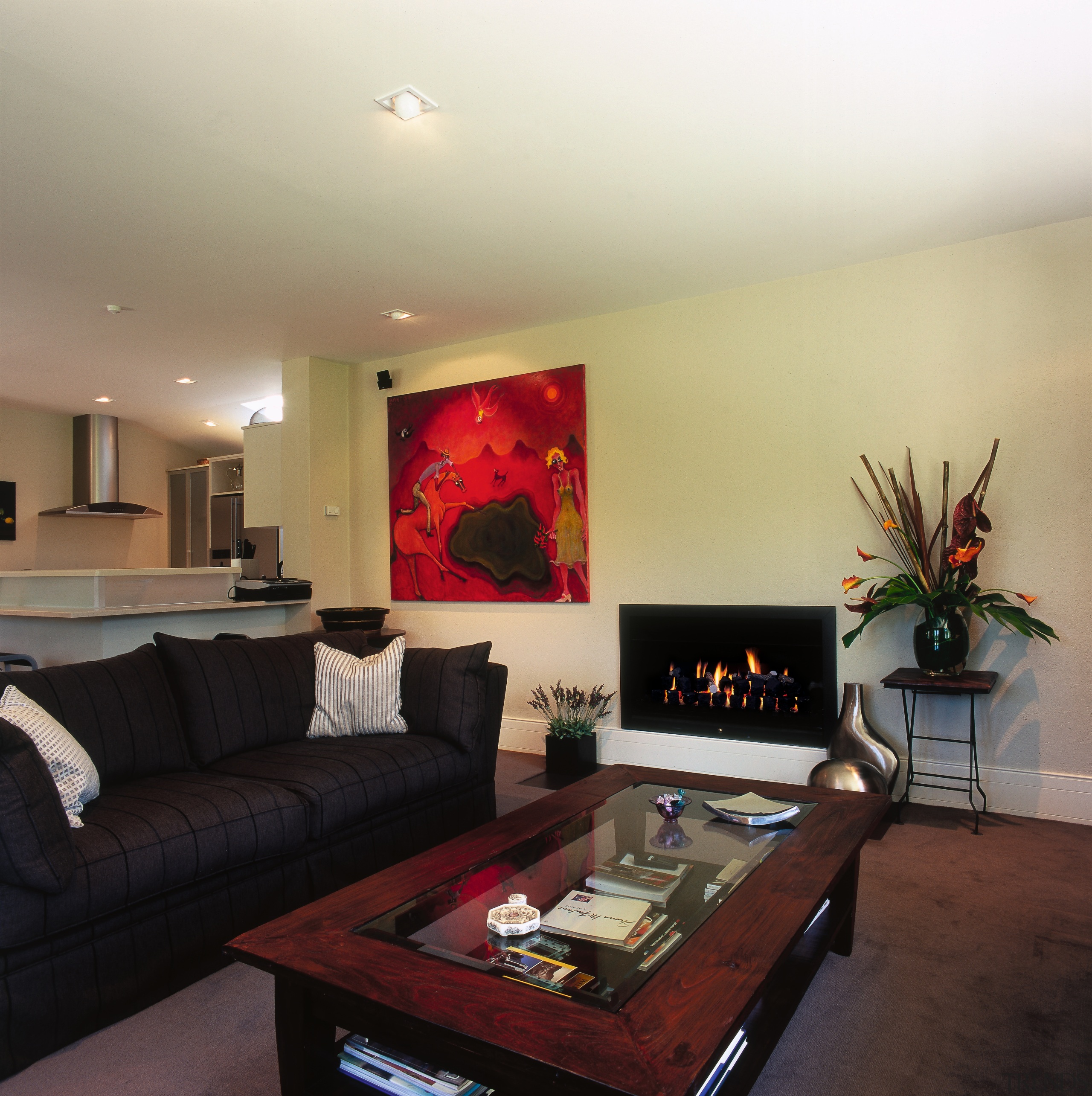 A view of the living and kitchen areas, ceiling, home, interior design, living room, real estate, room, suite, table, black