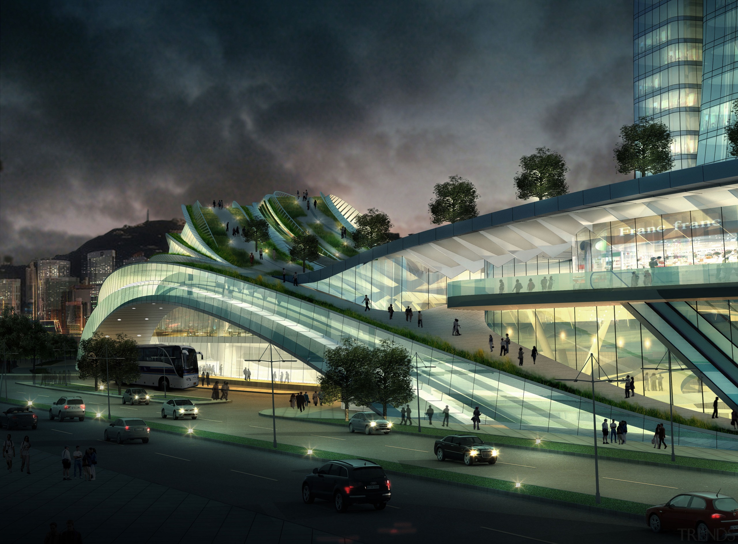 Conceptual image of the West Kowloon Terminus which architecture, building, car, city, cityscape, fixed link, junction, landmark, metropolis, metropolitan area, mixed use, overpass, sky, skyway, structure, urban area, black