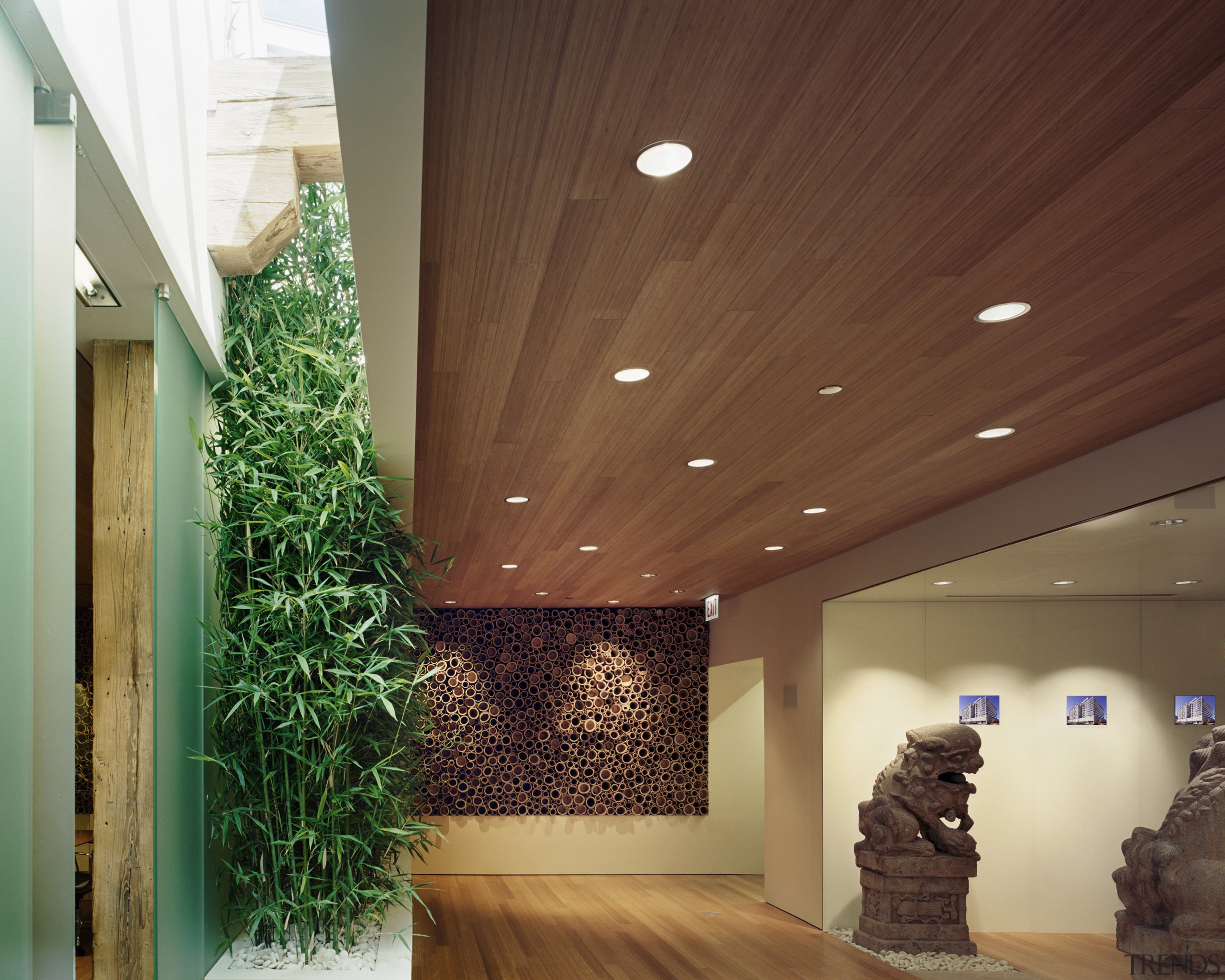 Views looking through the interior of the office. architecture, ceiling, home, house, interior design, lighting, lobby, wood, brown