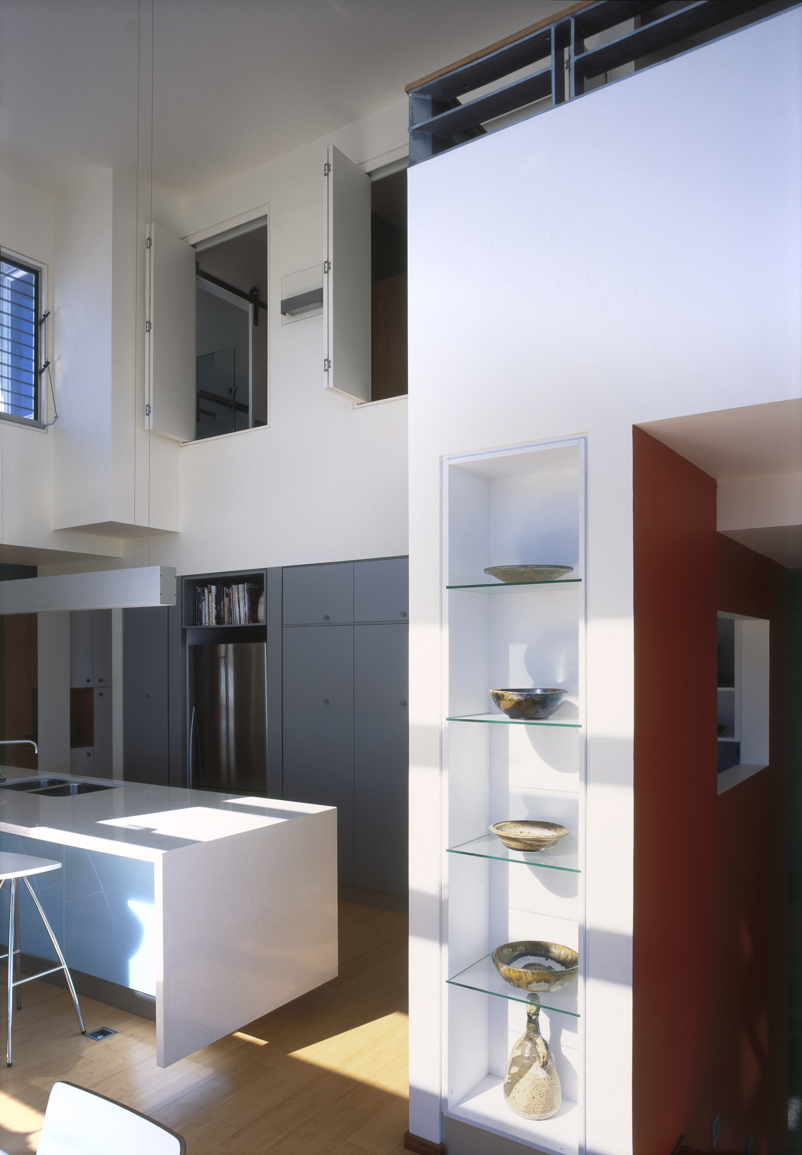 View of kitchen area a long kitchen island, architecture, interior design, shelf, shelving, white, gray