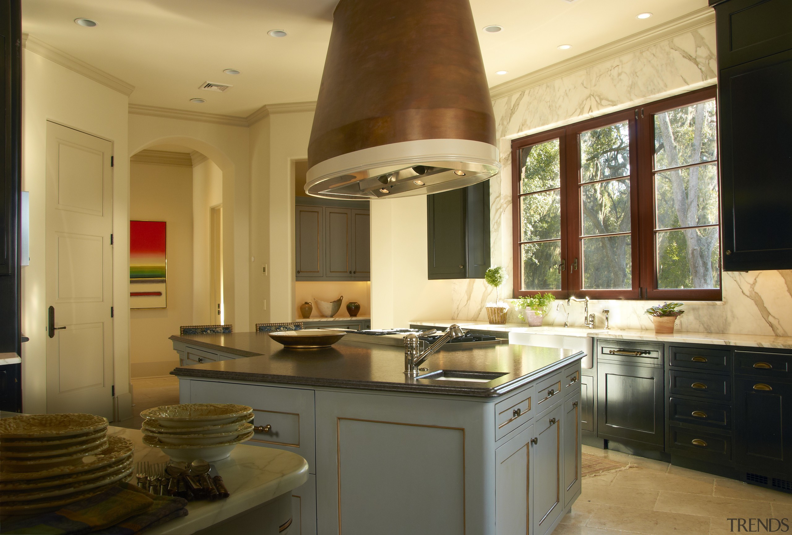 View of kitchen with island. - View of cabinetry, countertop, cuisine classique, interior design, kitchen, real estate, room, brown, orange