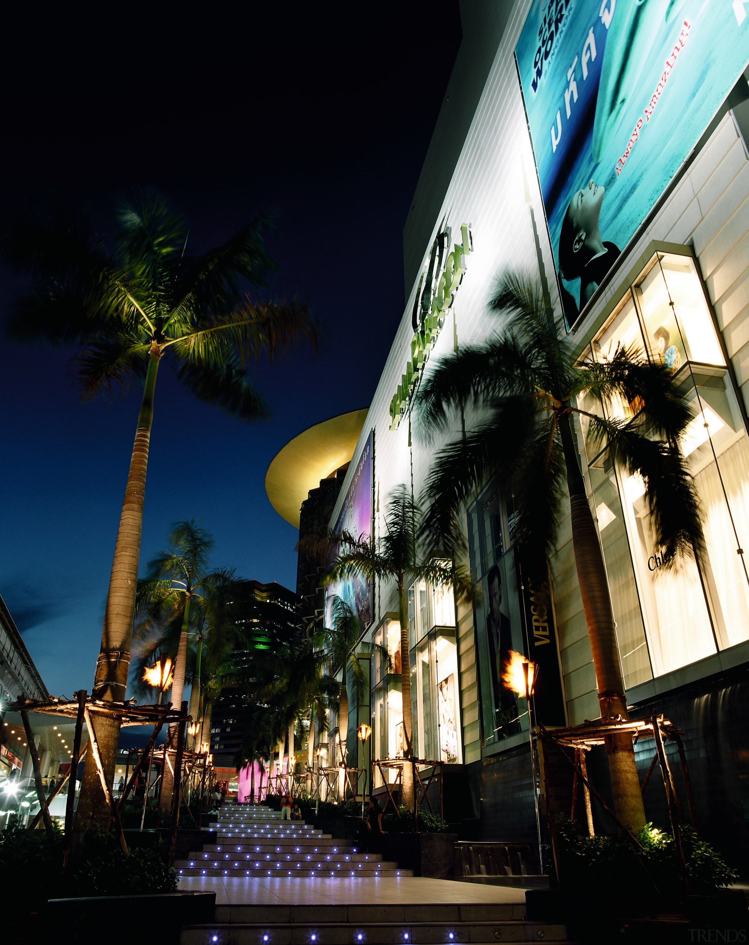 An exterior view of the shopping complex. - architecture, arecales, building, hotel, lighting, night, palm tree, reflection, sky, tourist attraction, tree, black