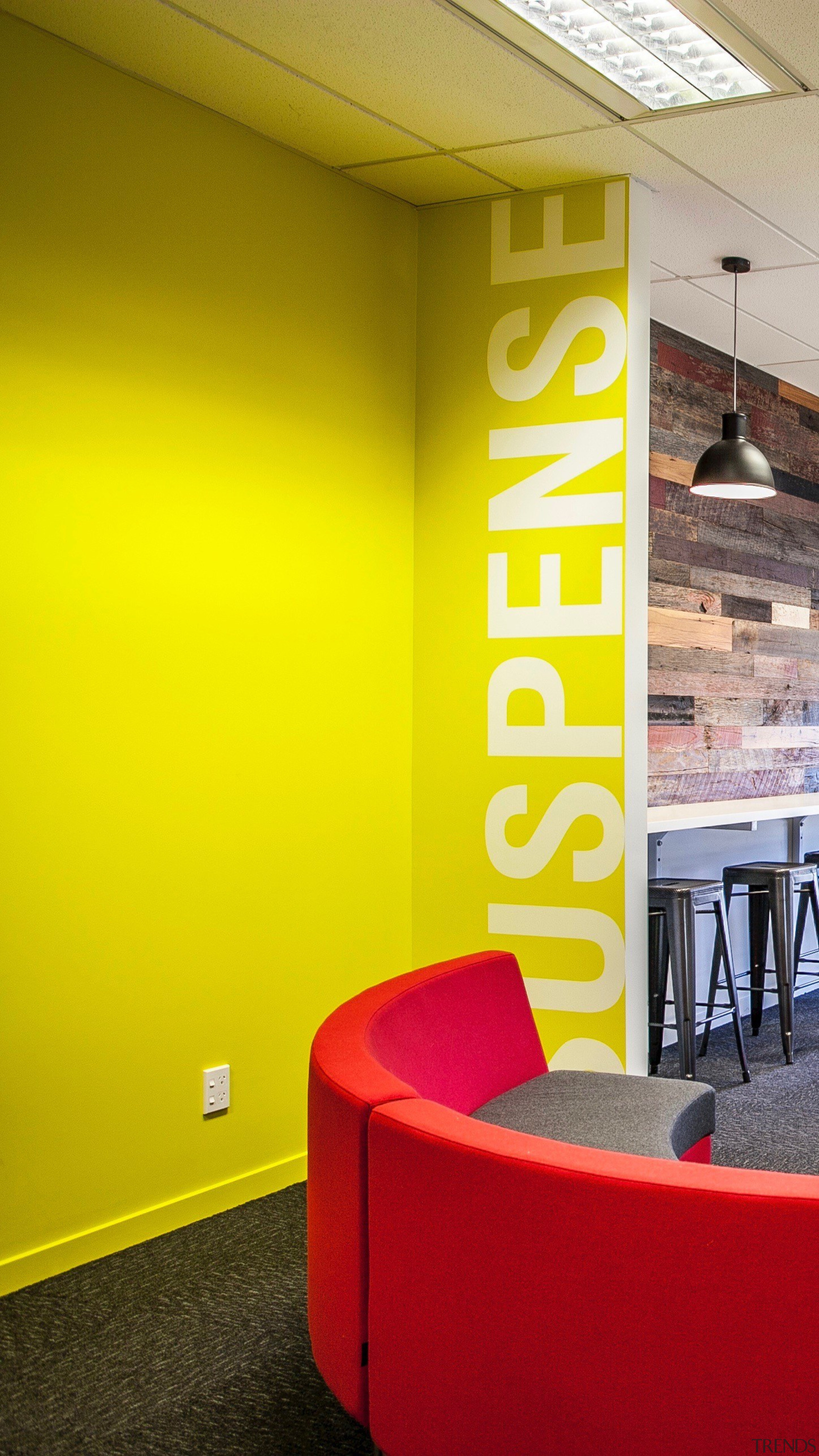 For the PKF Rutherfords offices the kitchen zone architecture, building, ceiling, design, floor, flooring, furniture, house, interior design, material property, orange, red, room, wall, yellow, yellow