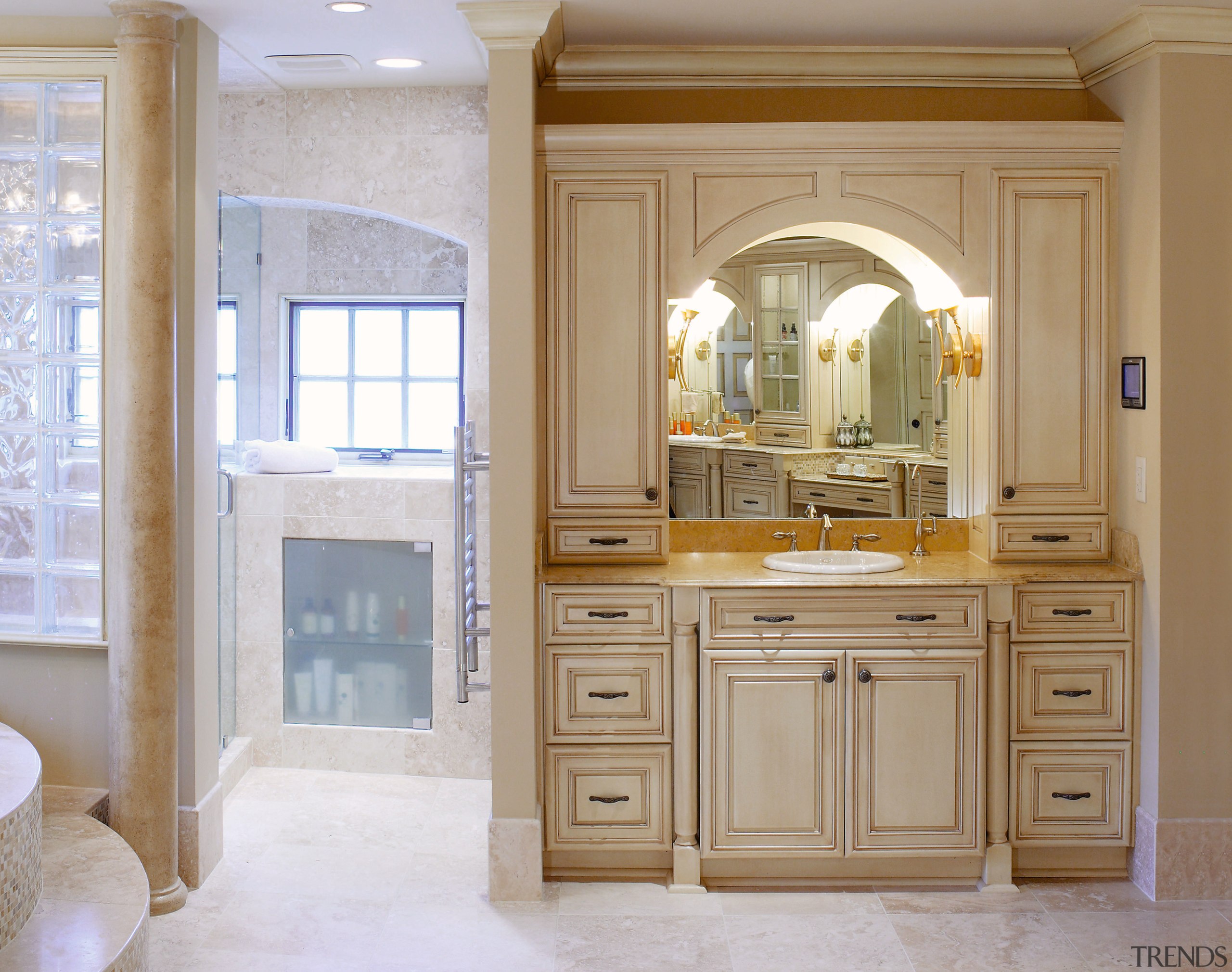 A view of a kitchen and bathroom by bathroom accessory, bathroom cabinet, cabinetry, countertop, cuisine classique, floor, furniture, home, interior design, kitchen, room, window, gray, brown