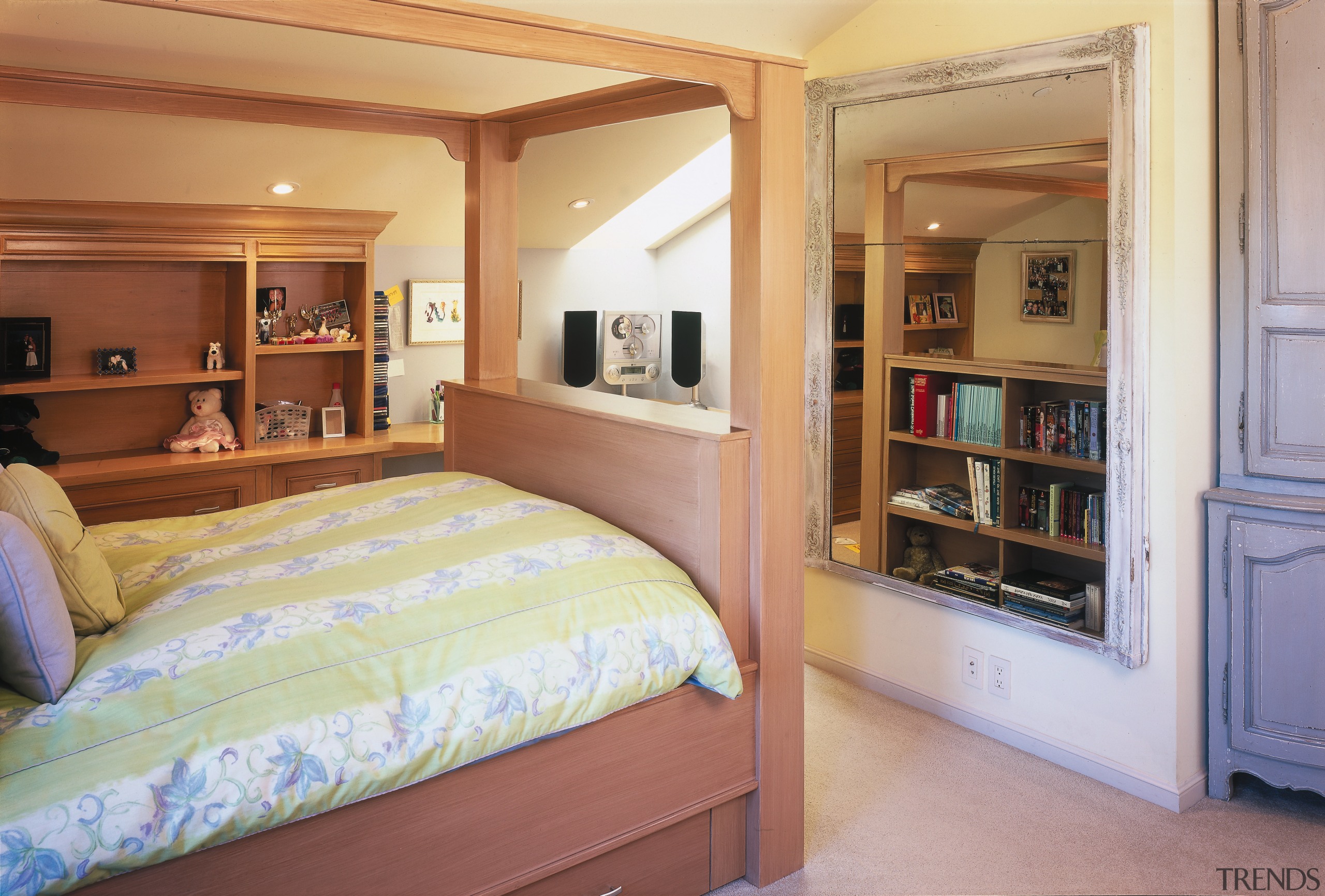 A view of a home by Hedgpeth Architects. bed, bedroom, ceiling, furniture, home, interior design, property, real estate, room, gray, orange