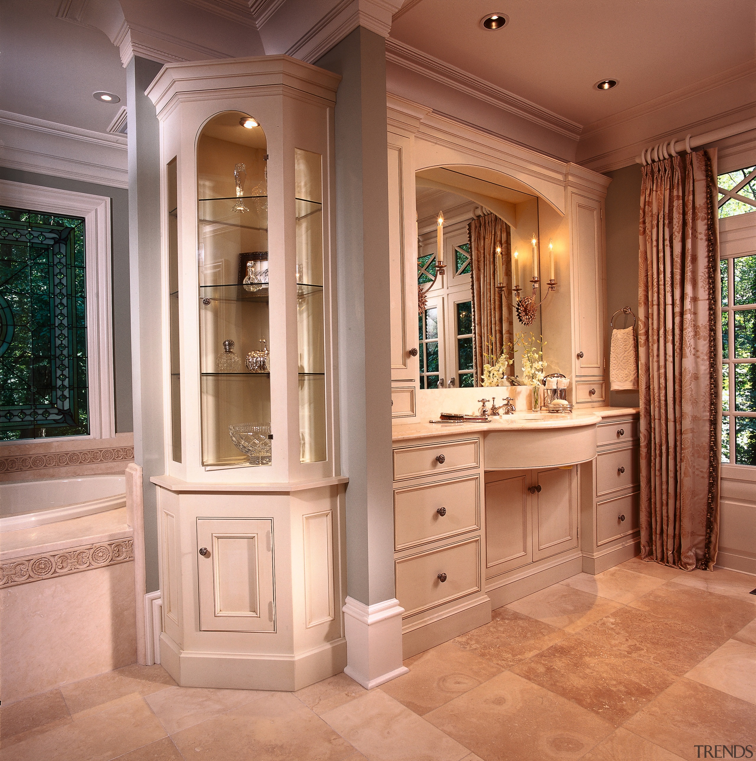 The bathroom has many vanities and four perfumeries. bathroom, bathroom accessory, bathroom cabinet, cabinetry, countertop, cuisine classique, estate, floor, home, interior design, room, window, orange, brown