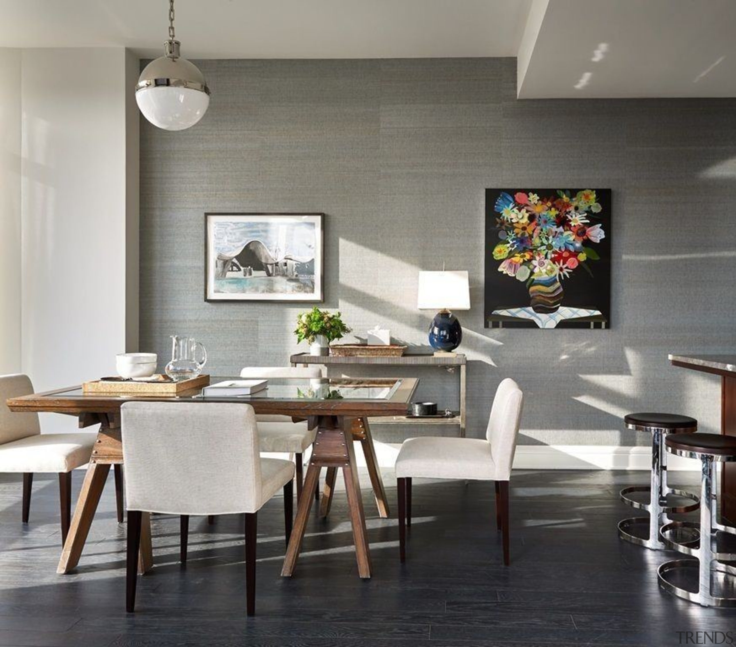 Jon Bon Jovi's new apartment in NYC – ceiling, chair, dining room, floor, furniture, interior design, room, table, wall, gray, black