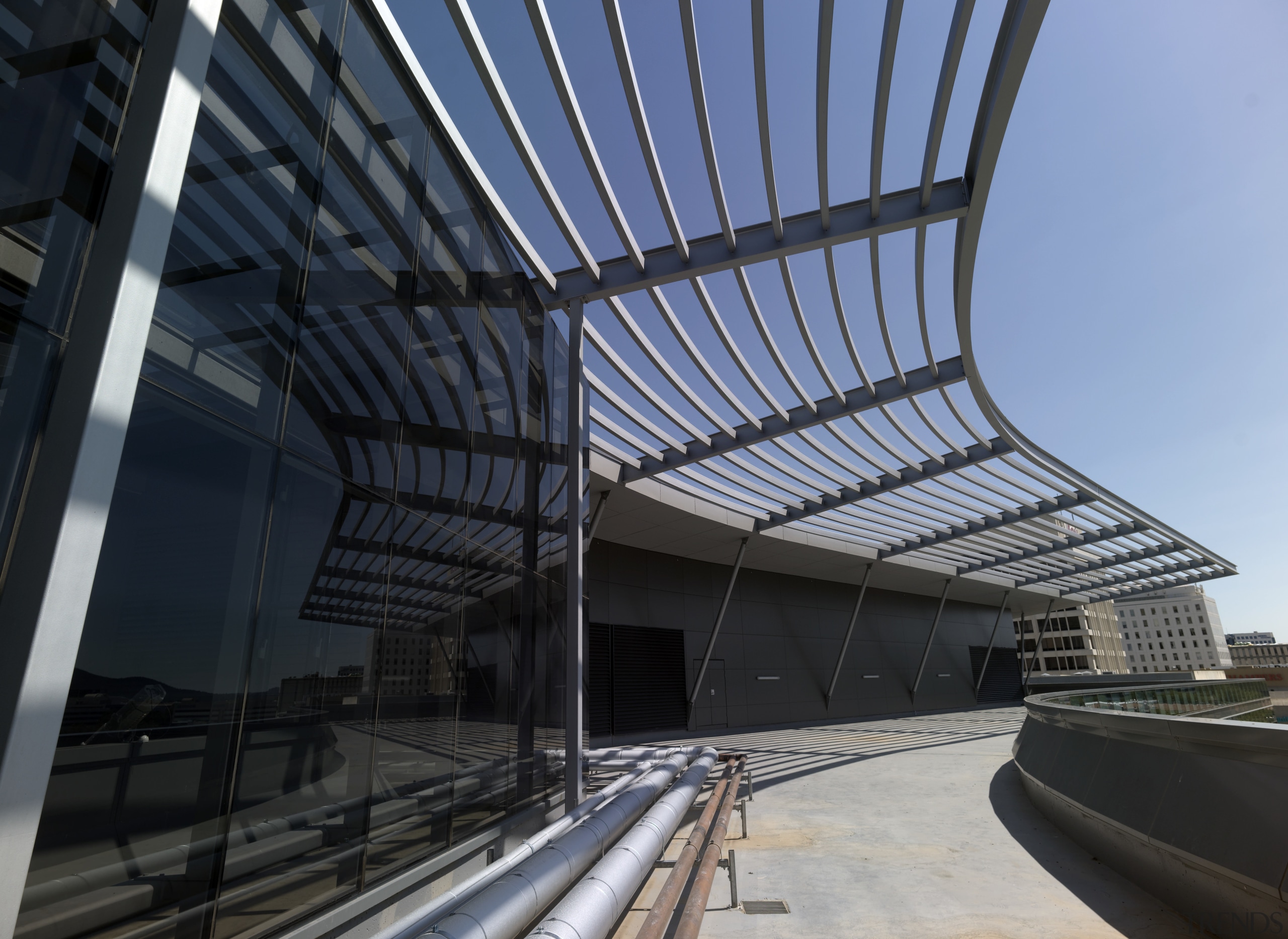 View of 7 London Circuit in Canberra. Leighton architecture, building, corporate headquarters, daylighting, facade, fixed link, headquarters, infrastructure, landmark, metropolitan area, roof, sky, structure, black