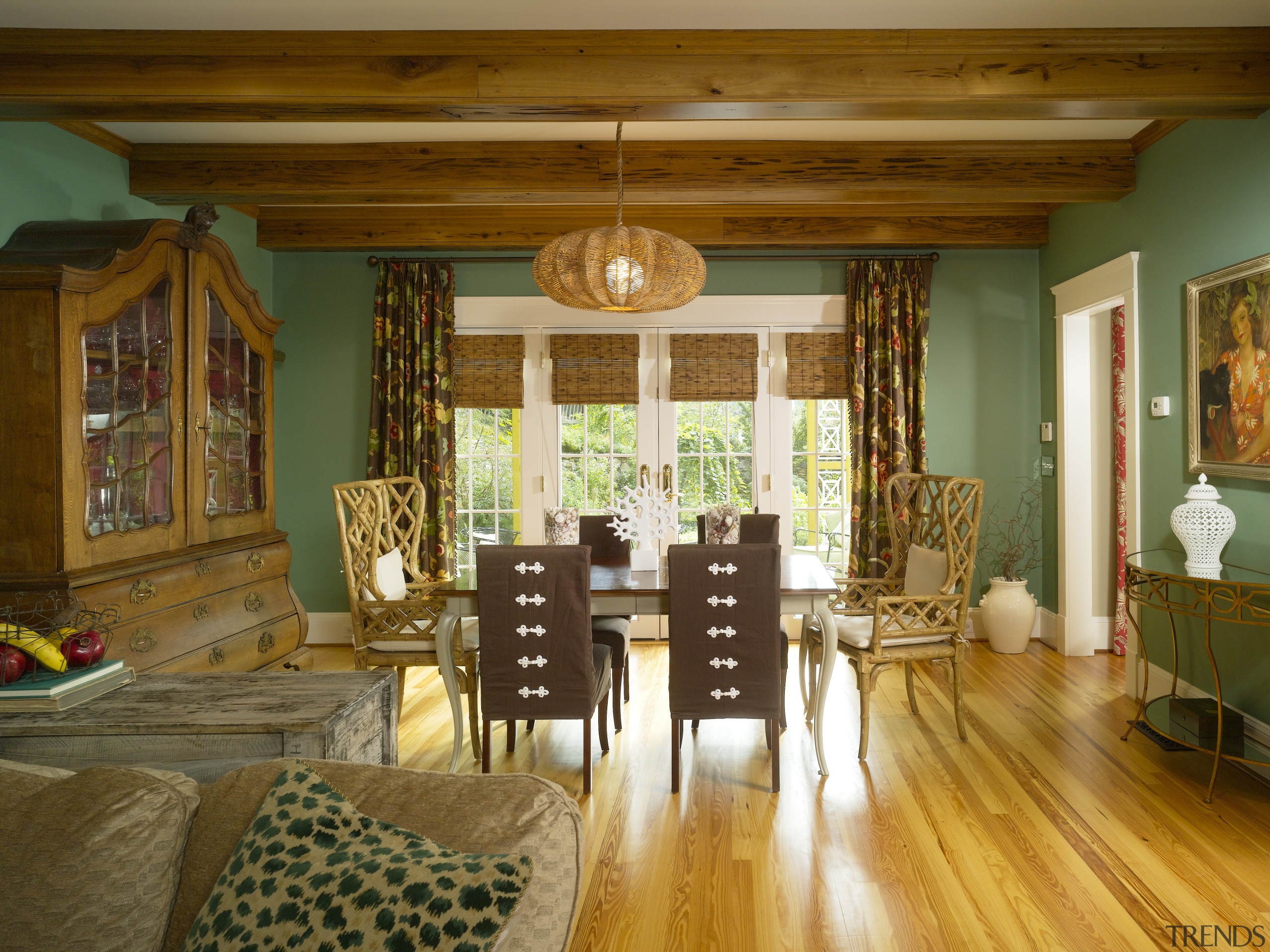 View of this remodeled home by Cruickshank Inc ceiling, dining room, furniture, hardwood, home, house, interior design, living room, real estate, room, table, window, wood, brown