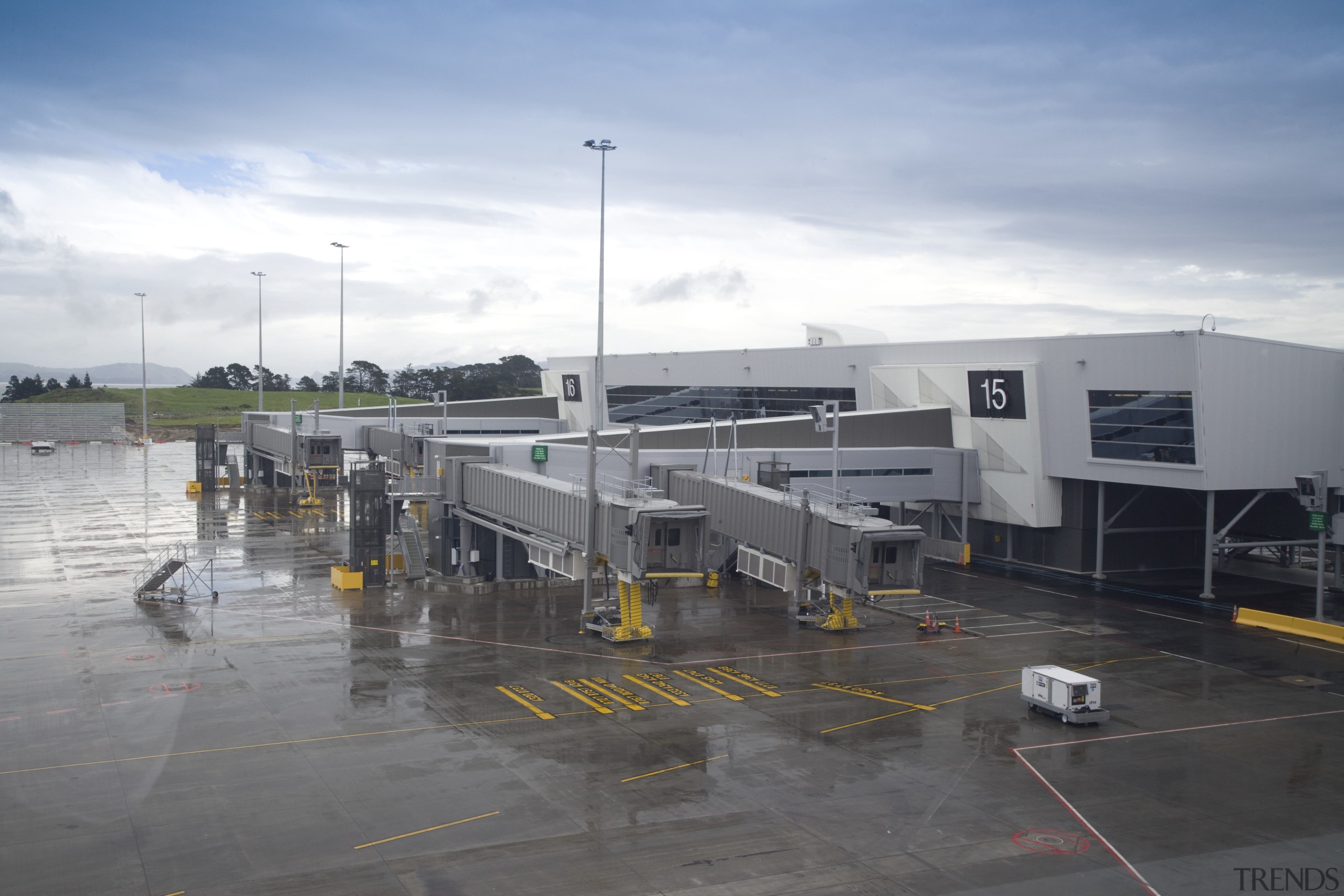 Images of the new arrivals hall and new airport, airport apron, airport terminal, infrastructure, jet bridge, sky, gray, white