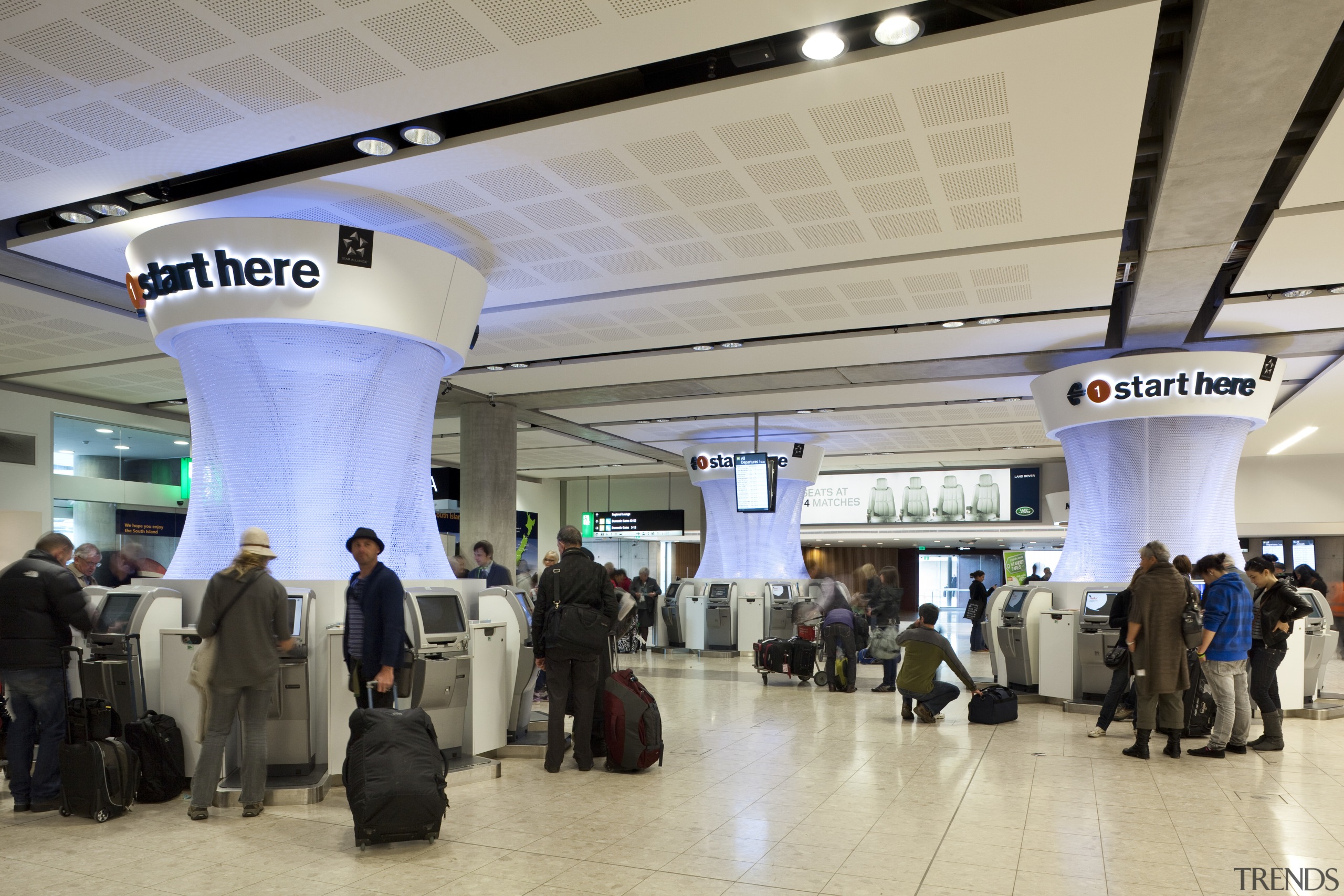 View of the interior of Christchurch Airport. Organic airport, airport terminal, check in, technology, gray