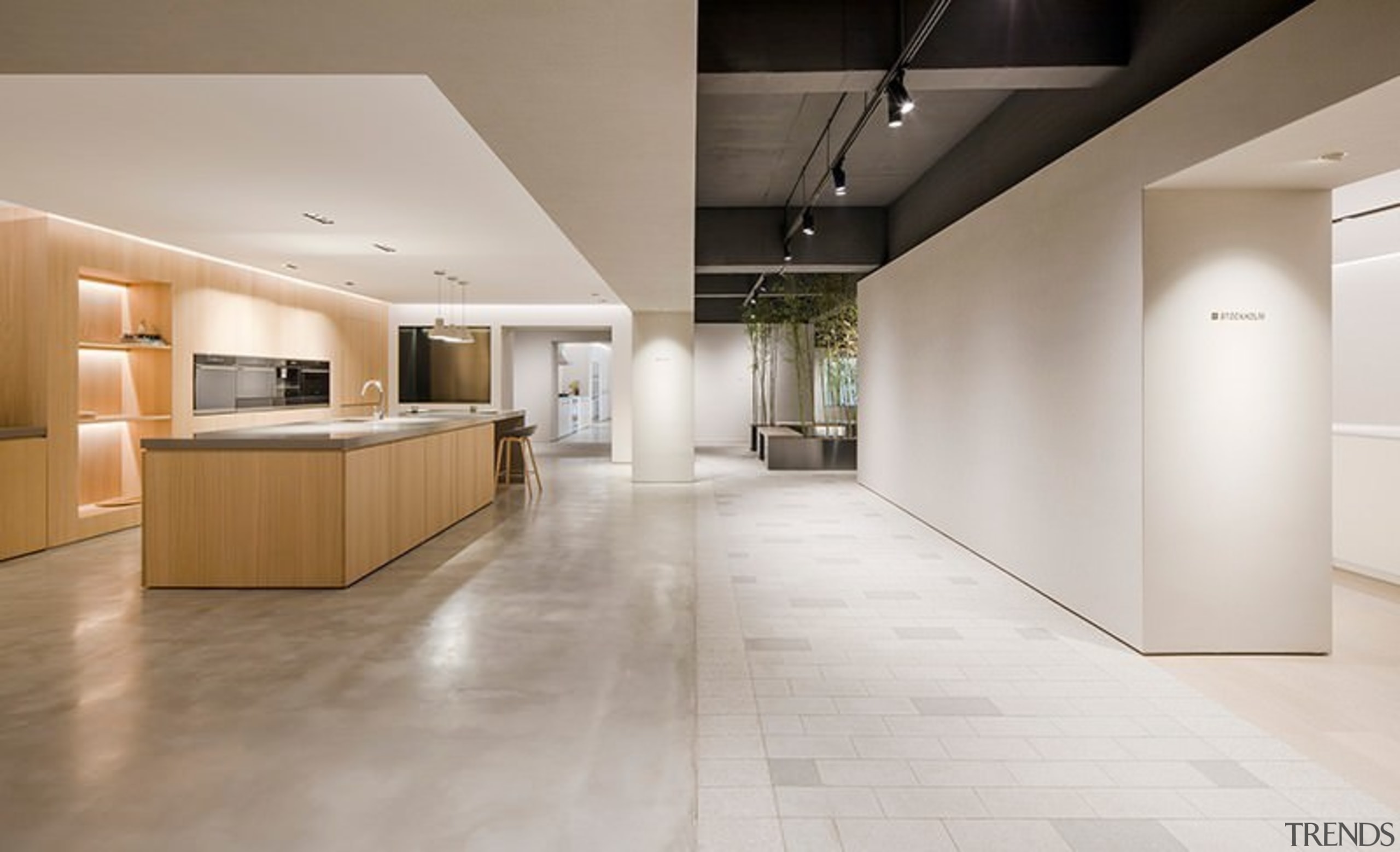 The spaces blend together seamlessly - The spaces ceiling, floor, flooring, hardwood, interior design, laminate flooring, lobby, real estate, tile, wood flooring, gray