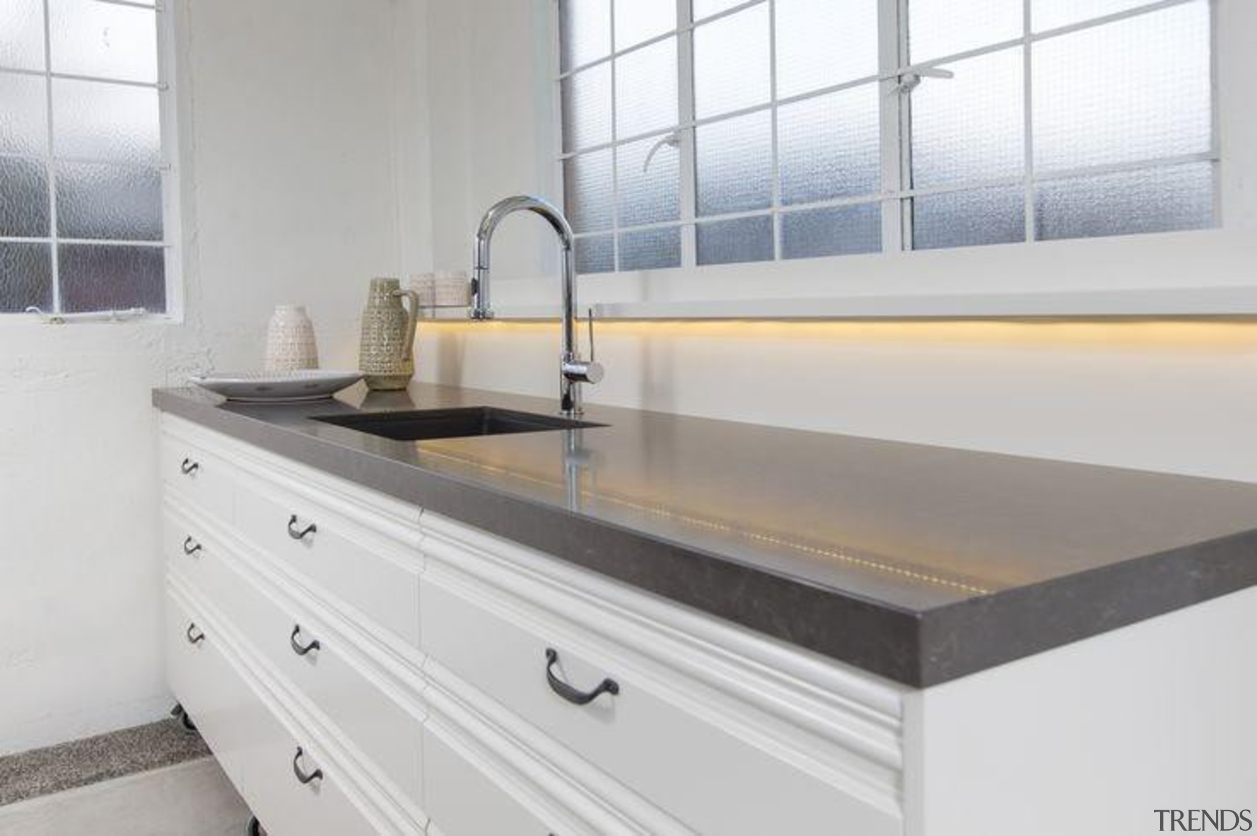 By Sally Steer Design, Wellington NZ. Caesarstone Piatra bathroom sink, countertop, kitchen, plumbing fixture, product design, sink, tap, gray