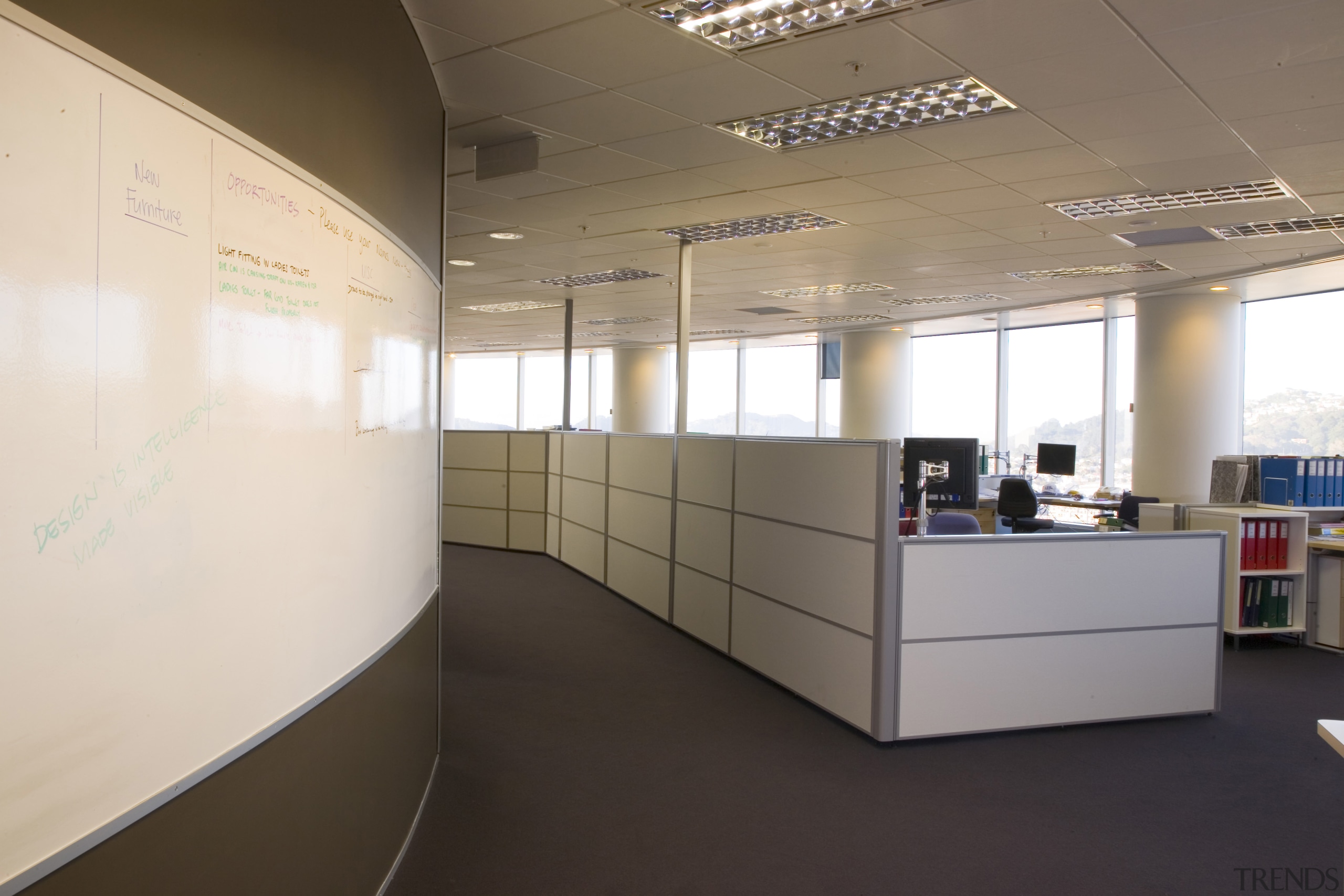 Open-plan offices and a break-out area mean broader floor, interior design, office, product design, white, black