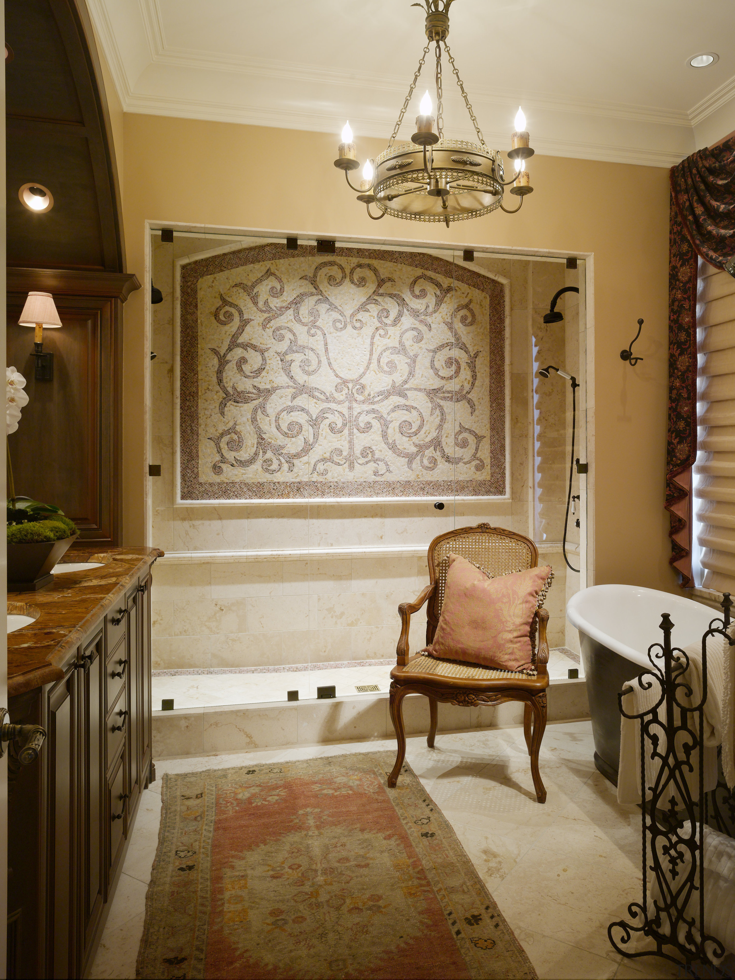 View of the open shower stall in the ceiling, dining room, estate, floor, flooring, furniture, hardwood, home, interior design, living room, lobby, room, table, wall, window, wood, wood flooring, brown