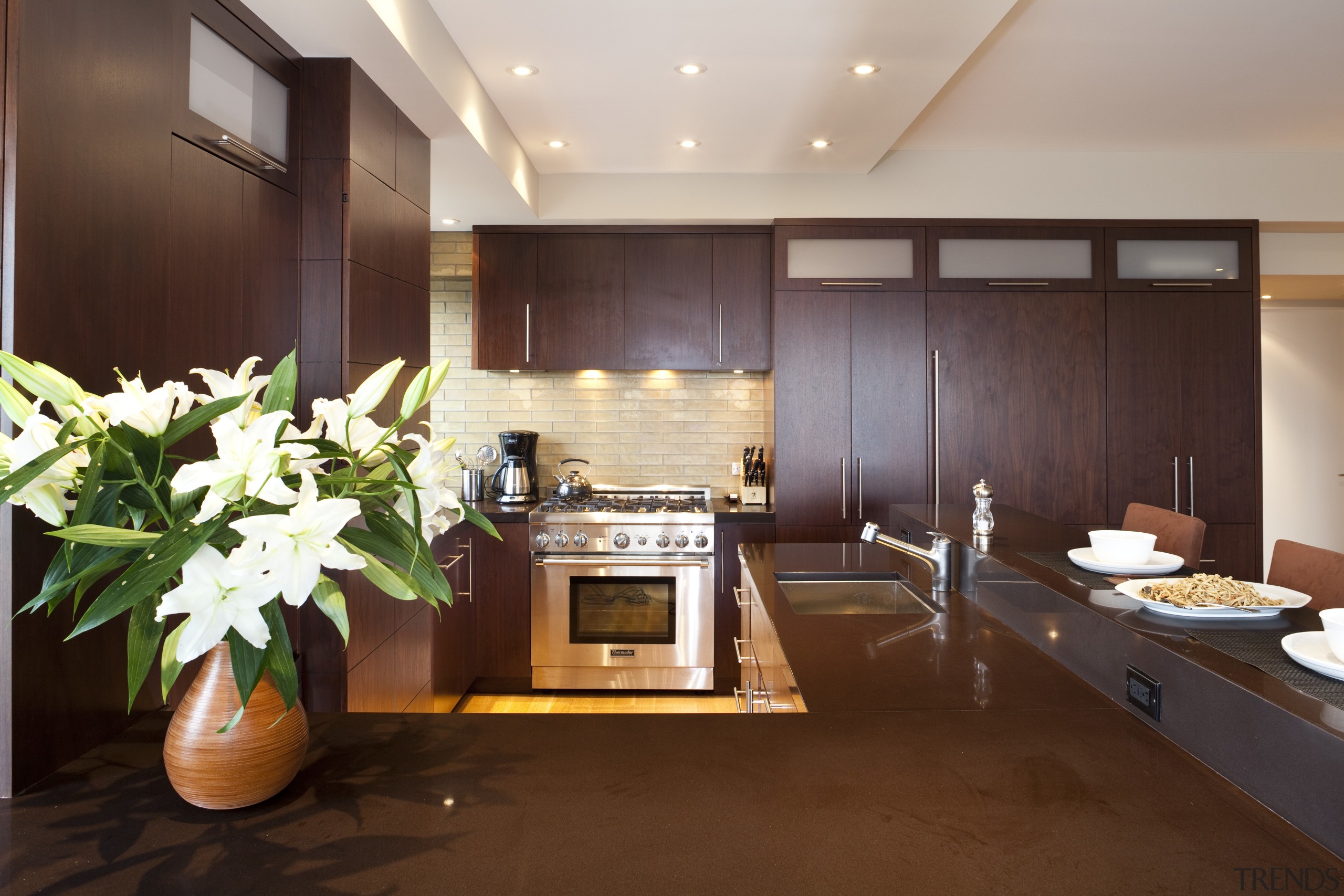 Dark wooden cabinetry, dark coloured benchtop, white walls ceiling, countertop, interior design, kitchen, real estate, room, brown, gray